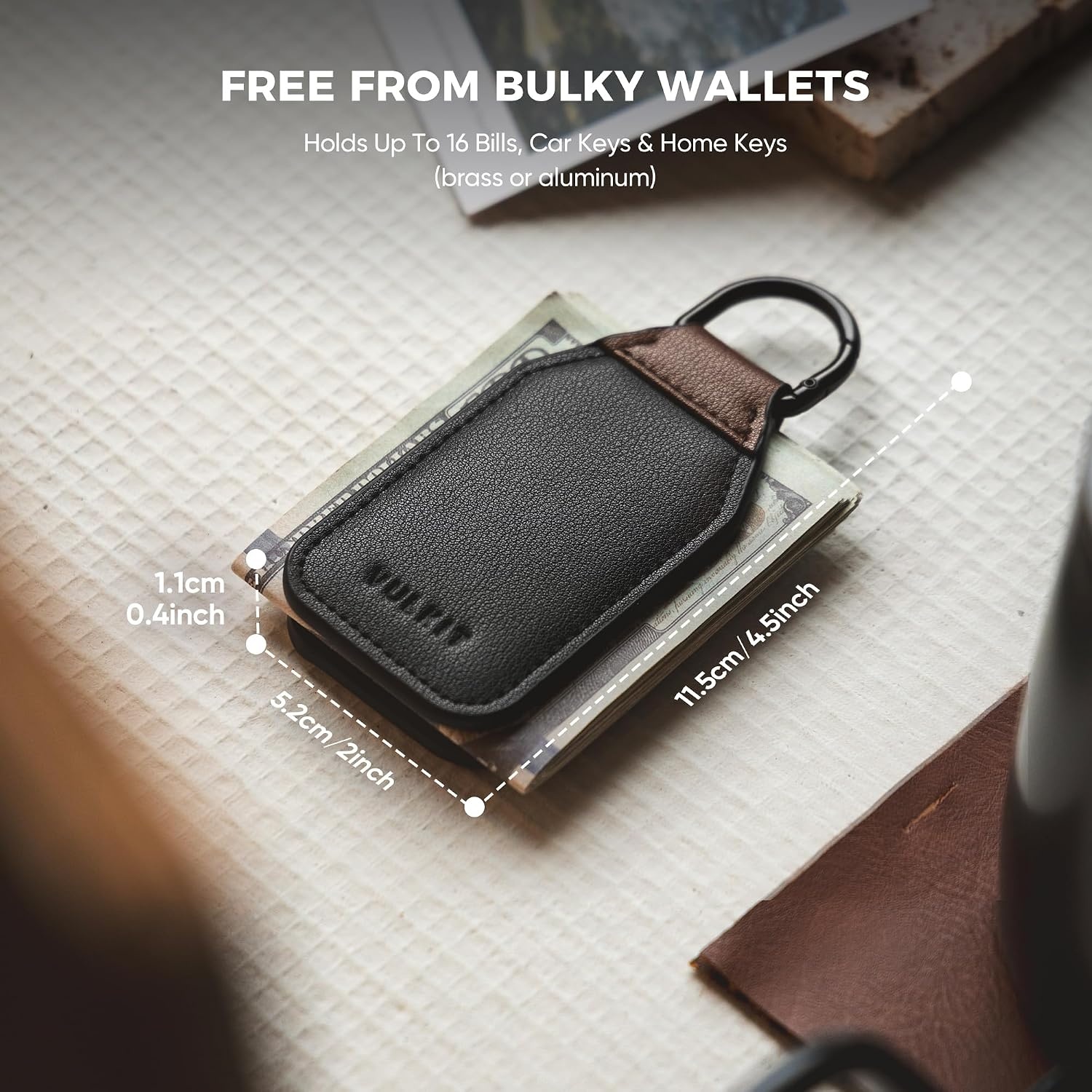 image:imageVULKIT Magnetic Money Clip With Key Ring Leather Cash Clip Holds Up to 16 BillsBlack