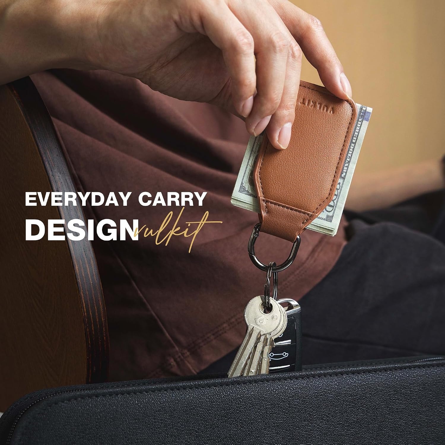 image:imageVULKIT Magnetic Money Clip With Key Ring Leather Cash Clip Holds Up to 16 BillsBrown