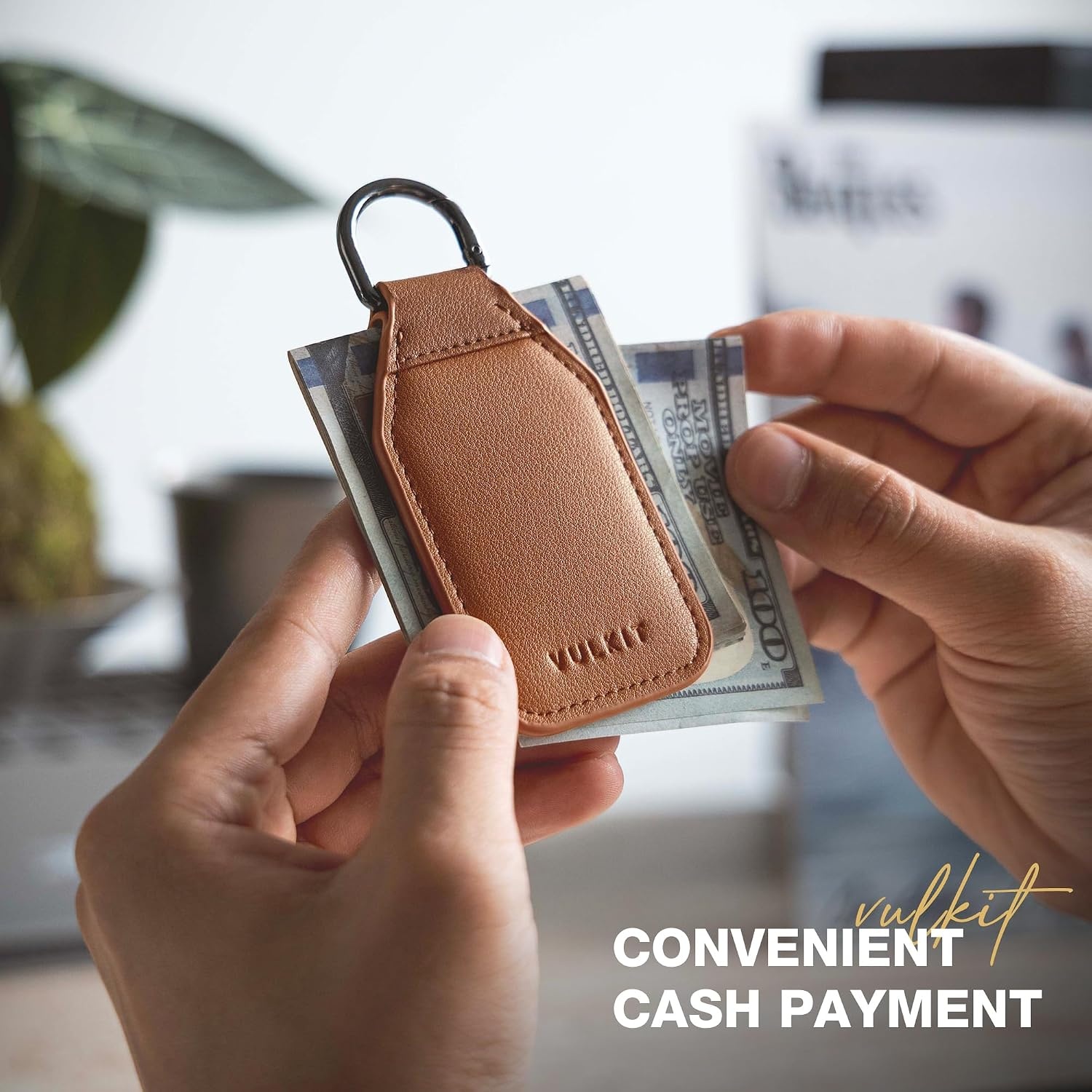 image:imageVULKIT Magnetic Money Clip With Key Ring Leather Cash Clip Holds Up to 16 BillsBrown