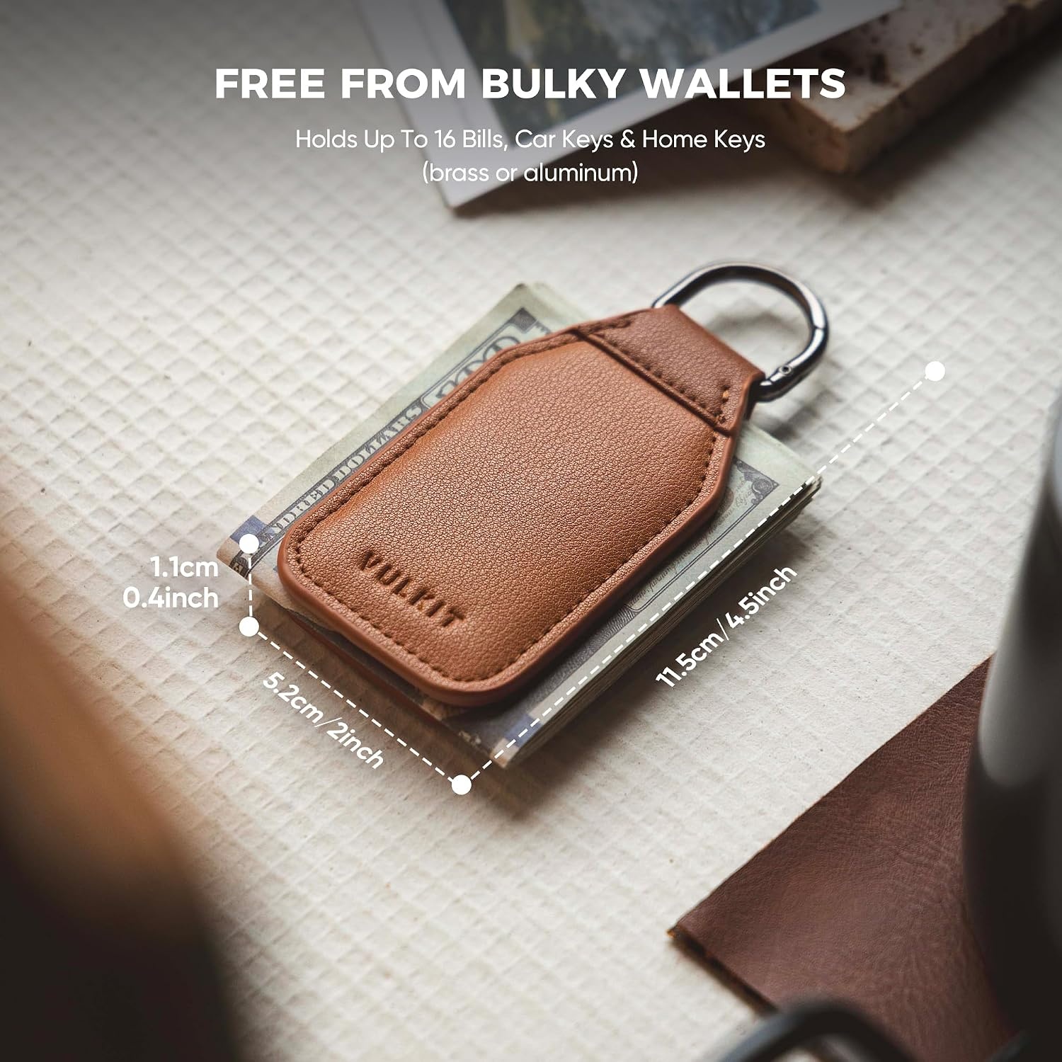 image:imageVULKIT Magnetic Money Clip With Key Ring Leather Cash Clip Holds Up to 16 BillsBrown