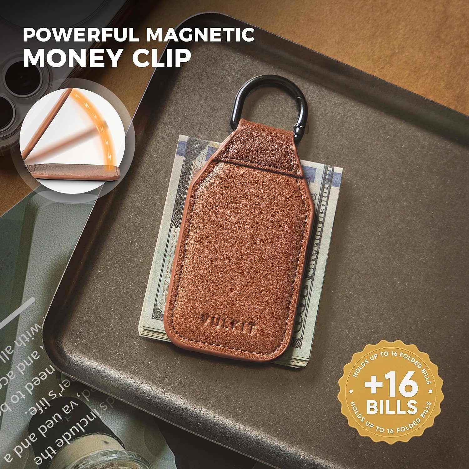 image:imageVULKIT Magnetic Money Clip With Key Ring Leather Cash Clip Holds Up to 16 BillsBrown