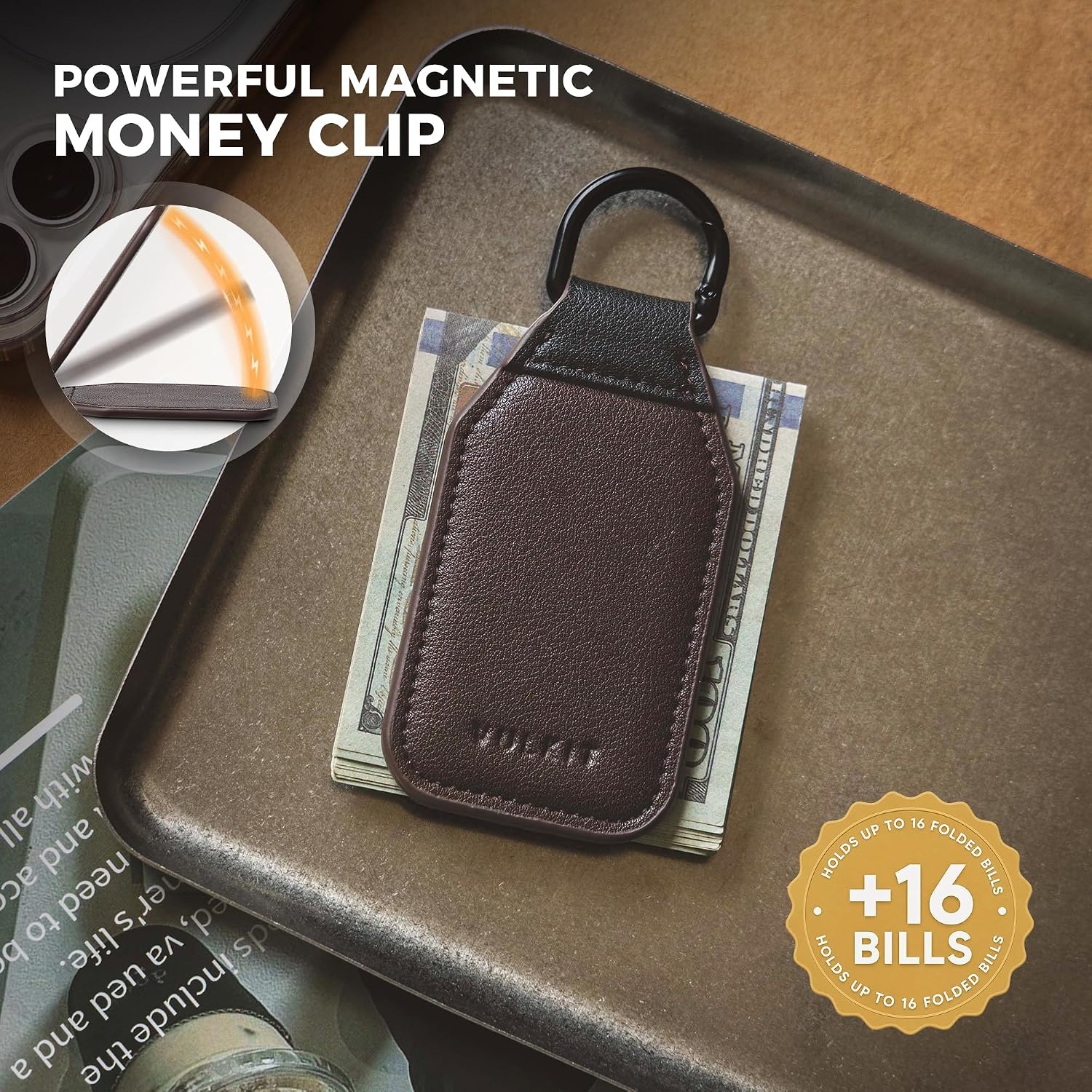 image:imageVULKIT Magnetic Money Clip With Key Ring Leather Cash Clip Holds Up to 16 BillsEspresso