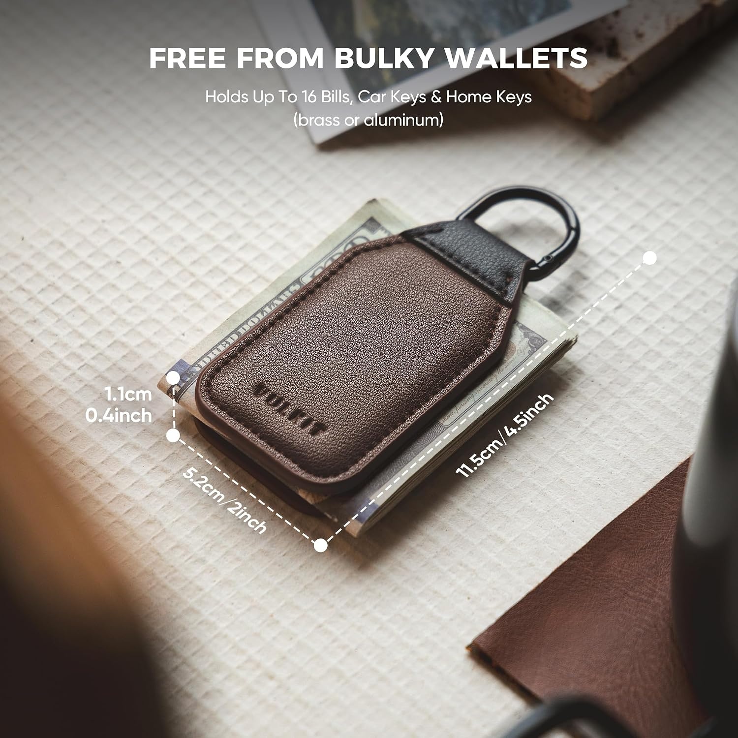 image:imageVULKIT Magnetic Money Clip With Key Ring Leather Cash Clip Holds Up to 16 BillsEspresso
