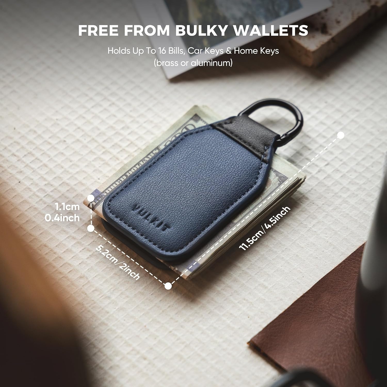 image:imageVULKIT Magnetic Money Clip With Key Ring Leather Cash Clip Holds Up to 16 BillsNavy Blue