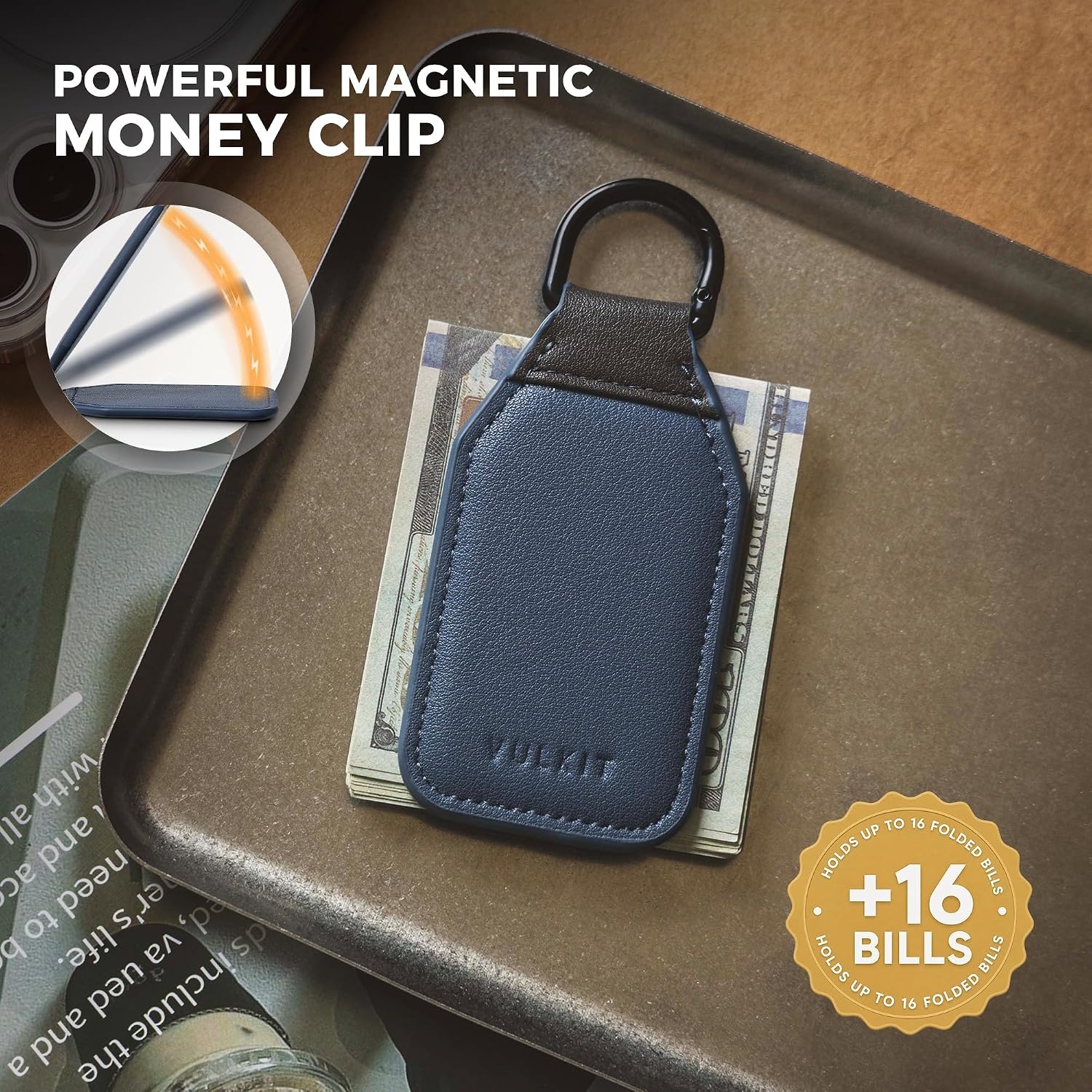 image:imageVULKIT Magnetic Money Clip With Key Ring Leather Cash Clip Holds Up to 16 BillsNavy Blue