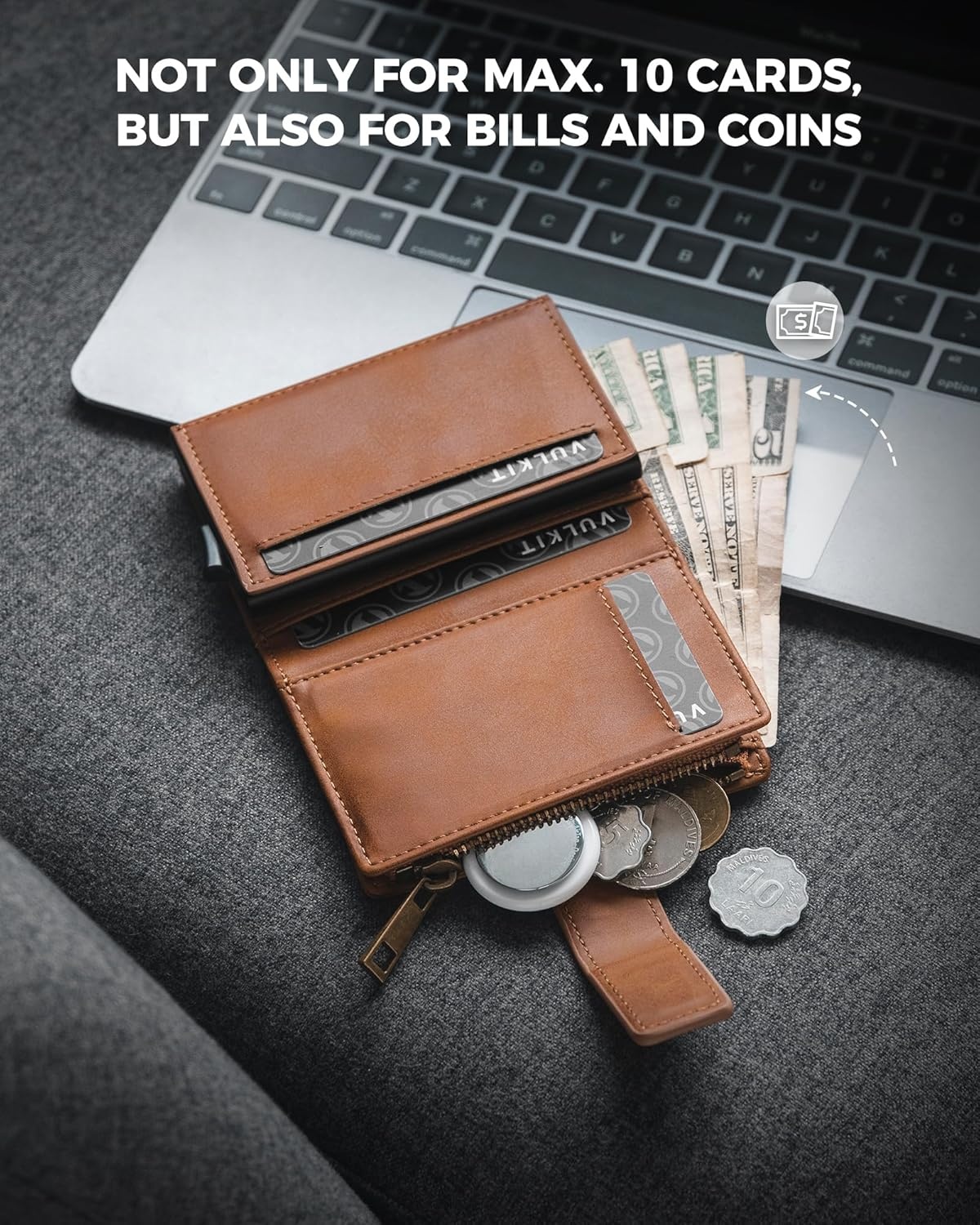 image:imageVULKIT Mens Wallet RFID Protected with POP UP Credit Card Ejector Case ID Window Zipper Pocket for Coins and Compartment for BillsBanknotes Carbon BlackBrown