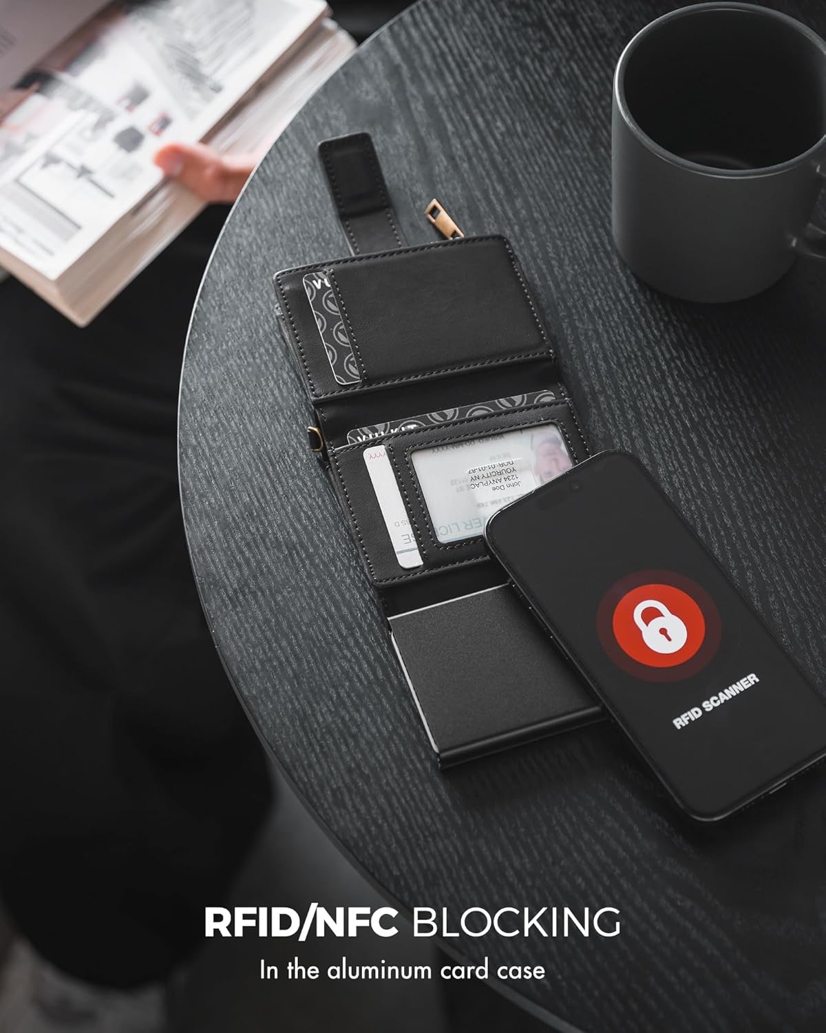 image:imageVULKIT Mens Wallet RFID Protected with POP UP Credit Card Ejector Case ID Window Zipper Pocket for Coins and Compartment for BillsBanknotes Carbon BlackMatt Black