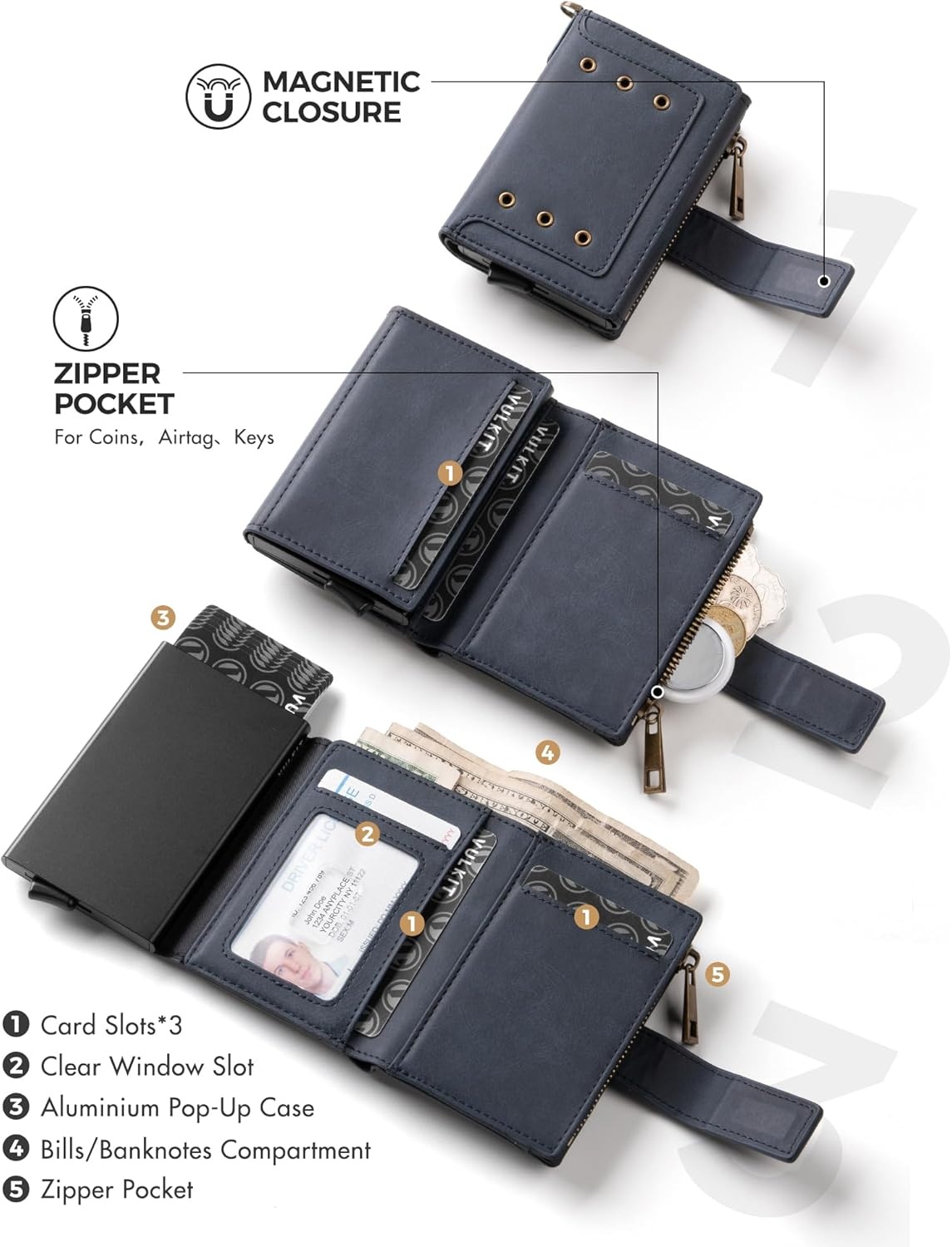 image:imageVULKIT Mens Wallet RFID Protected with POP UP Credit Card Ejector Case ID Window Zipper Pocket for Coins and Compartment for BillsBanknotes Carbon BlackDark Blue