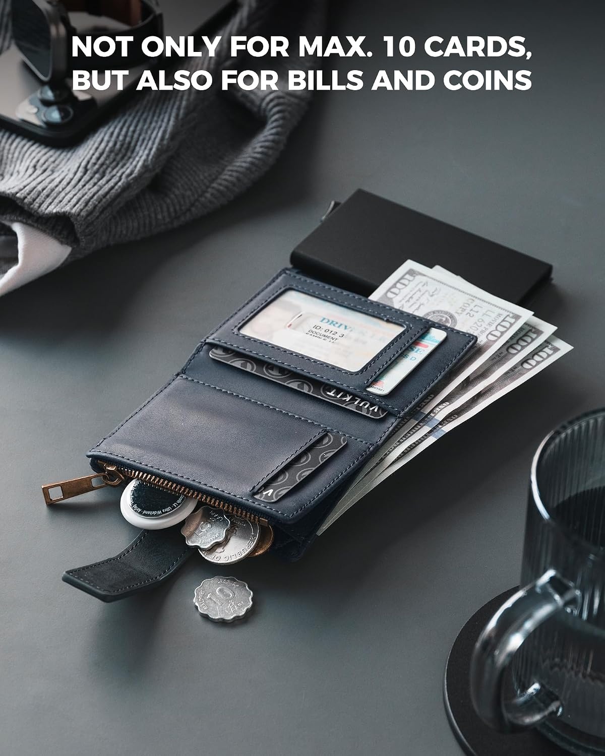 image:imageVULKIT Mens Wallet RFID Protected with POP UP Credit Card Ejector Case ID Window Zipper Pocket for Coins and Compartment for BillsBanknotes Carbon BlackDark Blue