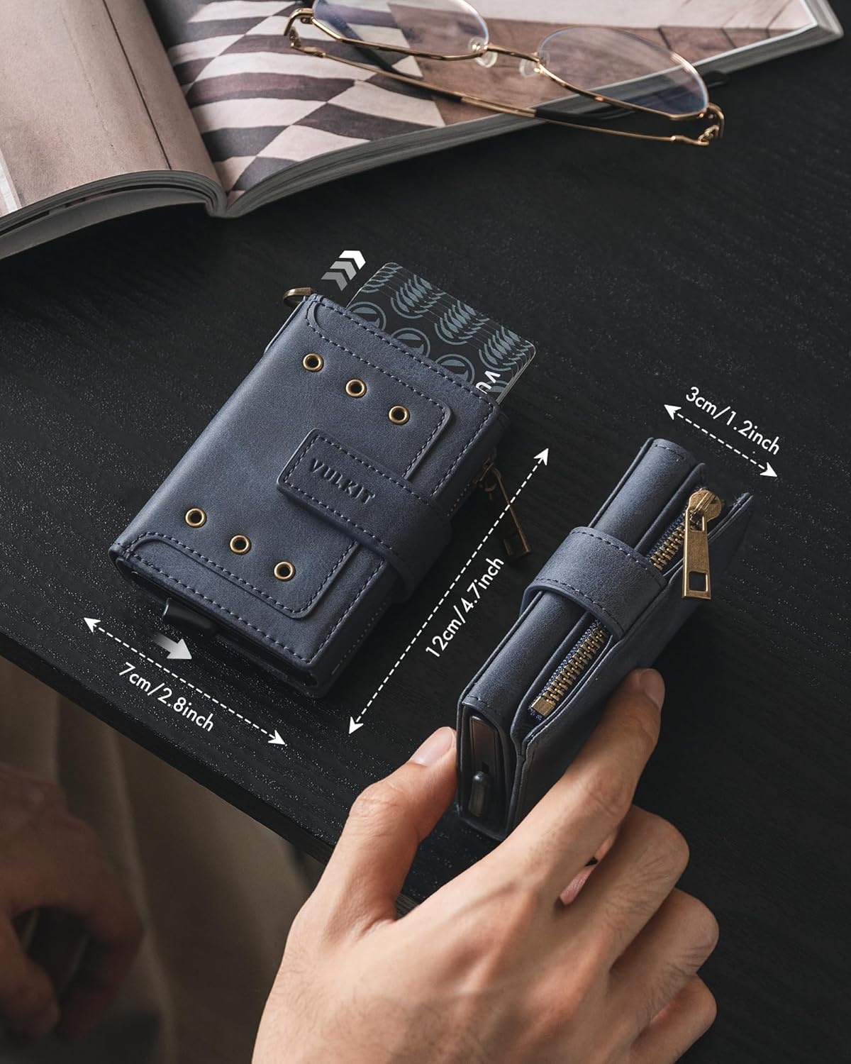 image:imageVULKIT Mens Wallet RFID Protected with POP UP Credit Card Ejector Case ID Window Zipper Pocket for Coins and Compartment for BillsBanknotes Carbon BlackDark Blue