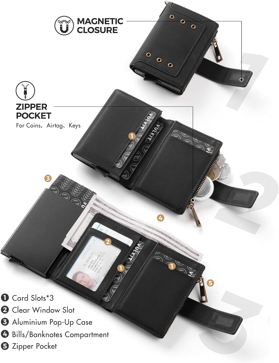 image:imageVULKIT Mens Wallet RFID Protected with POP UP Credit Card Ejector Case ID Window Zipper Pocket for Coins and Compartment for BillsBanknotes Carbon BlackMatt Black