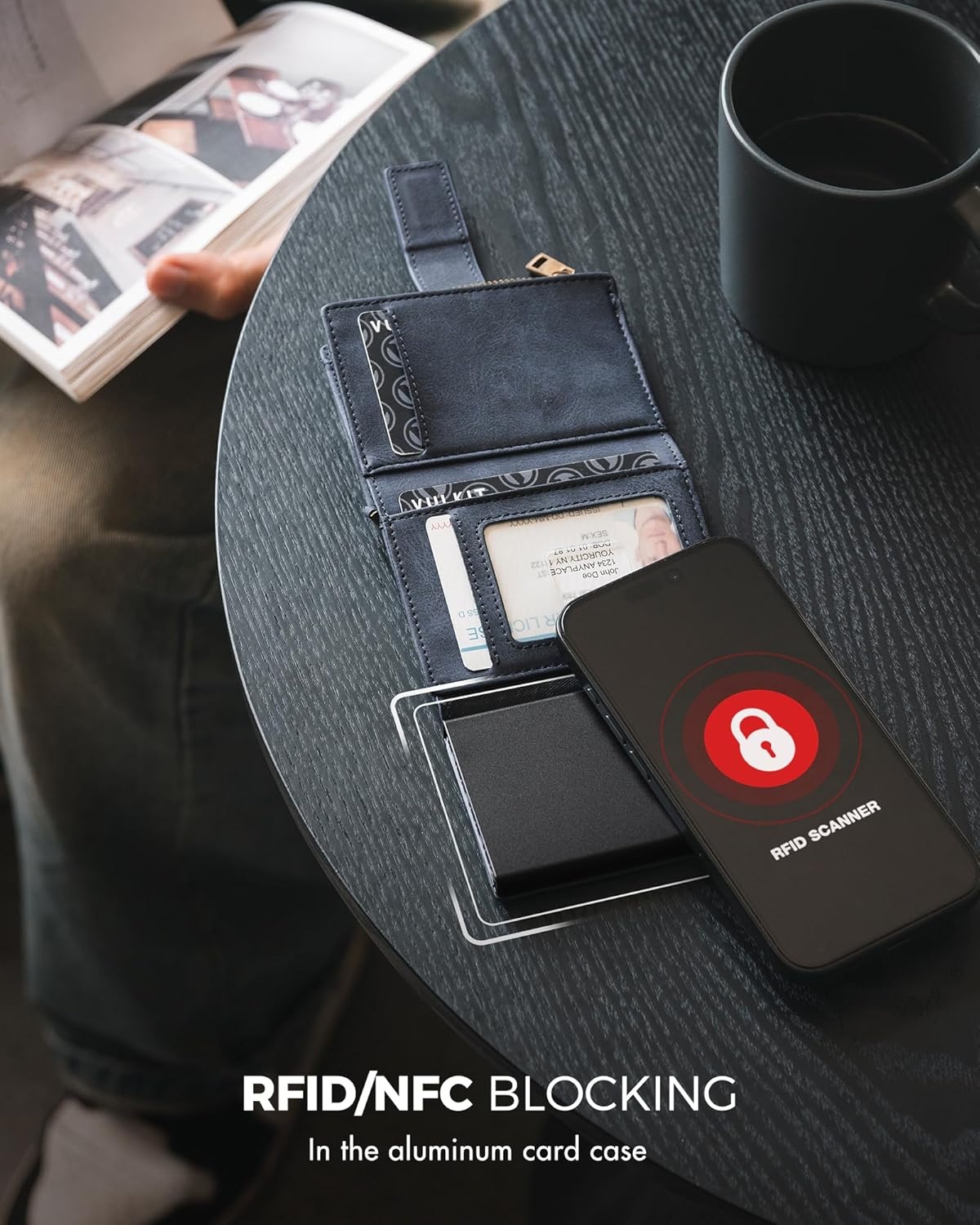 image:imageVULKIT Mens Wallet RFID Protected with POP UP Credit Card Ejector Case ID Window Zipper Pocket for Coins and Compartment for BillsBanknotes Carbon BlackDark Blue