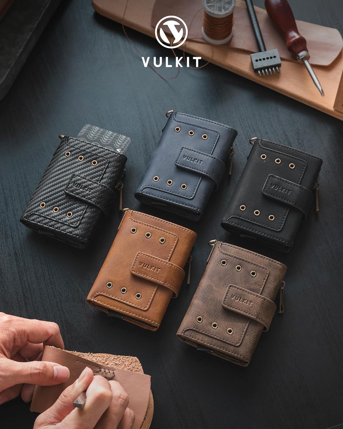 image:imageVULKIT Mens Wallet RFID Protected with POP UP Credit Card Ejector Case ID Window Zipper Pocket for Coins and Compartment for BillsBanknotes Carbon BlackCarbon Black