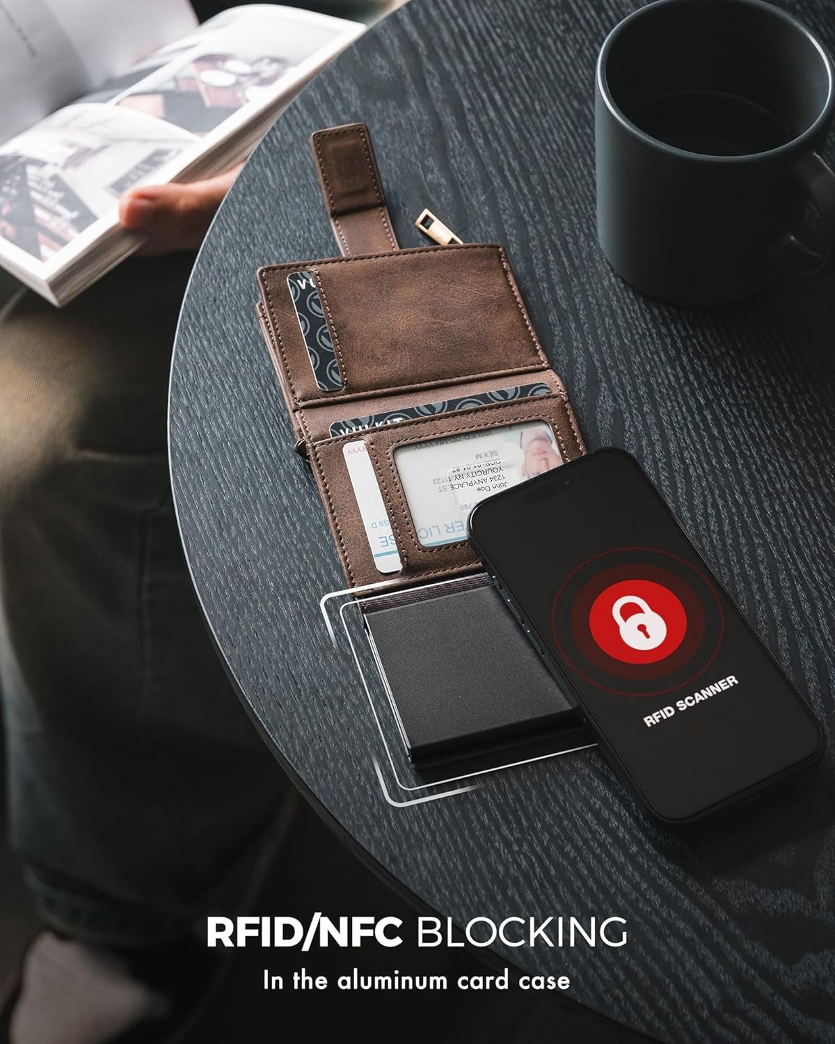 image:imageVULKIT Mens Wallet RFID Protected with POP UP Credit Card Ejector Case ID Window Zipper Pocket for Coins and Compartment for BillsBanknotes Carbon BlackCoffee Brown