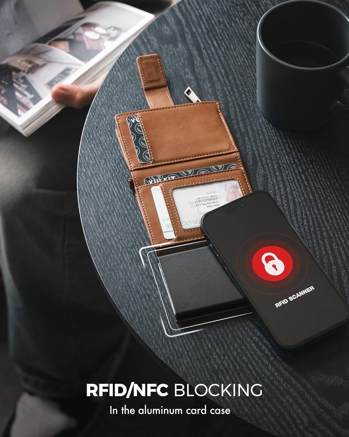 image:imageVULKIT Mens Wallet RFID Protected with POP UP Credit Card Ejector Case ID Window Zipper Pocket for Coins and Compartment for BillsBanknotes Carbon BlackBrown