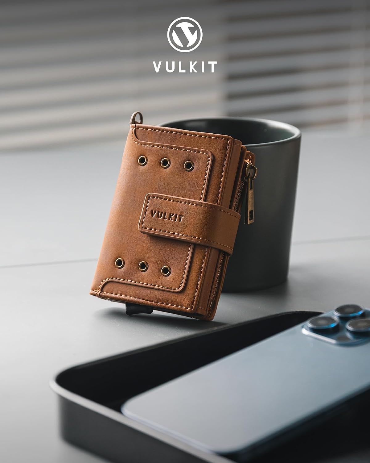 image:imageVULKIT Mens Wallet RFID Protected with POP UP Credit Card Ejector Case ID Window Zipper Pocket for Coins and Compartment for BillsBanknotes Carbon BlackBrown