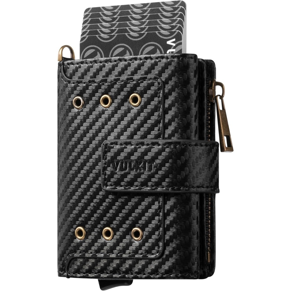 image:imageVULKIT Mens Wallet RFID Protected with POP UP Credit Card Ejector Case ID Window Zipper Pocket for Coins and Compartment for BillsBanknotes Carbon BlackCarbon Black