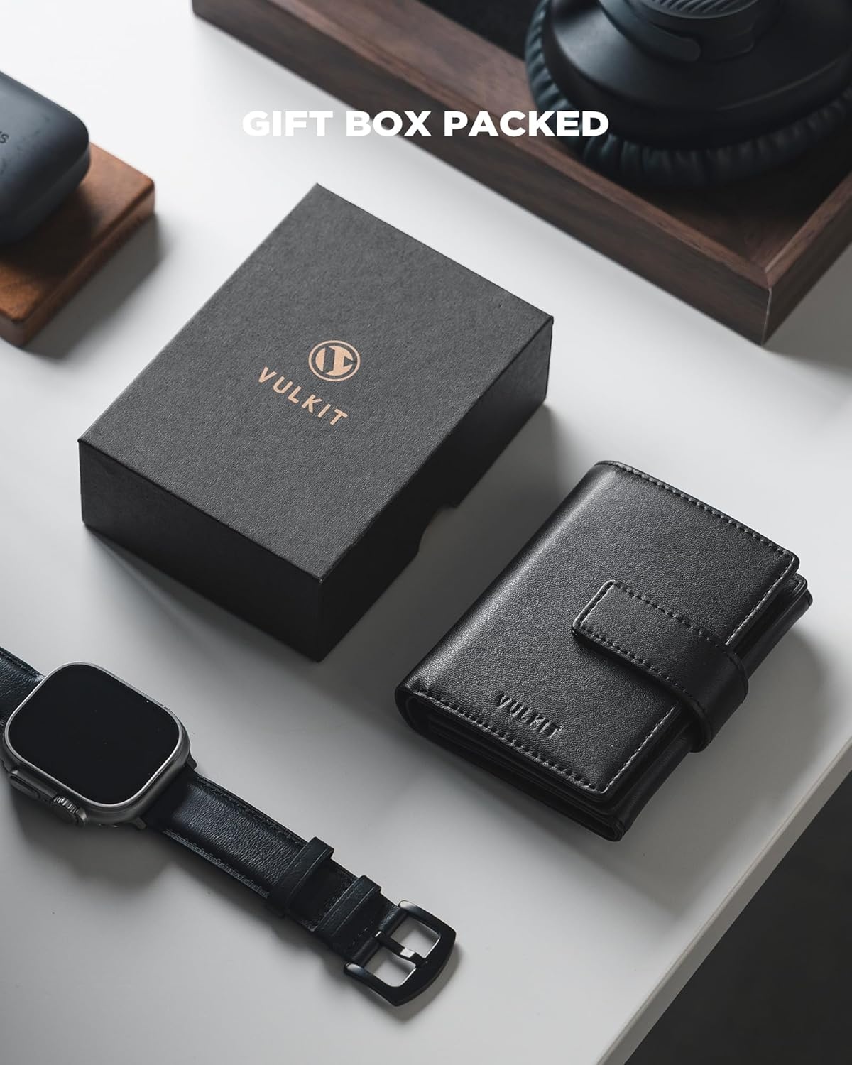image:imageVULKIT Mens Leather Trifold Wallet RFID Blocking with Airtag Card Case Double ID Window Magnetic Closure Giftbox Packed Coffee BrownBlack