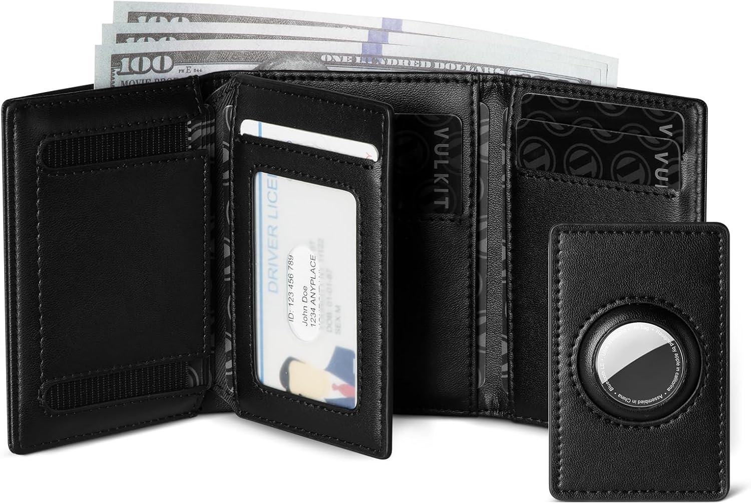 image:imageVULKIT Mens Leather Trifold Wallet RFID Blocking with Airtag Card Case Double ID Window Magnetic Closure Giftbox Packed Coffee BrownBlack