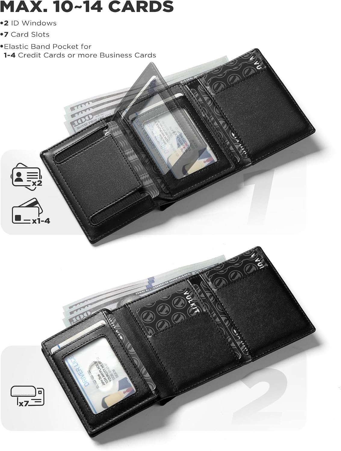 image:imageVULKIT Mens Leather Trifold Wallet RFID Blocking with Airtag Card Case Double ID Window Magnetic Closure Giftbox Packed Coffee BrownBlack