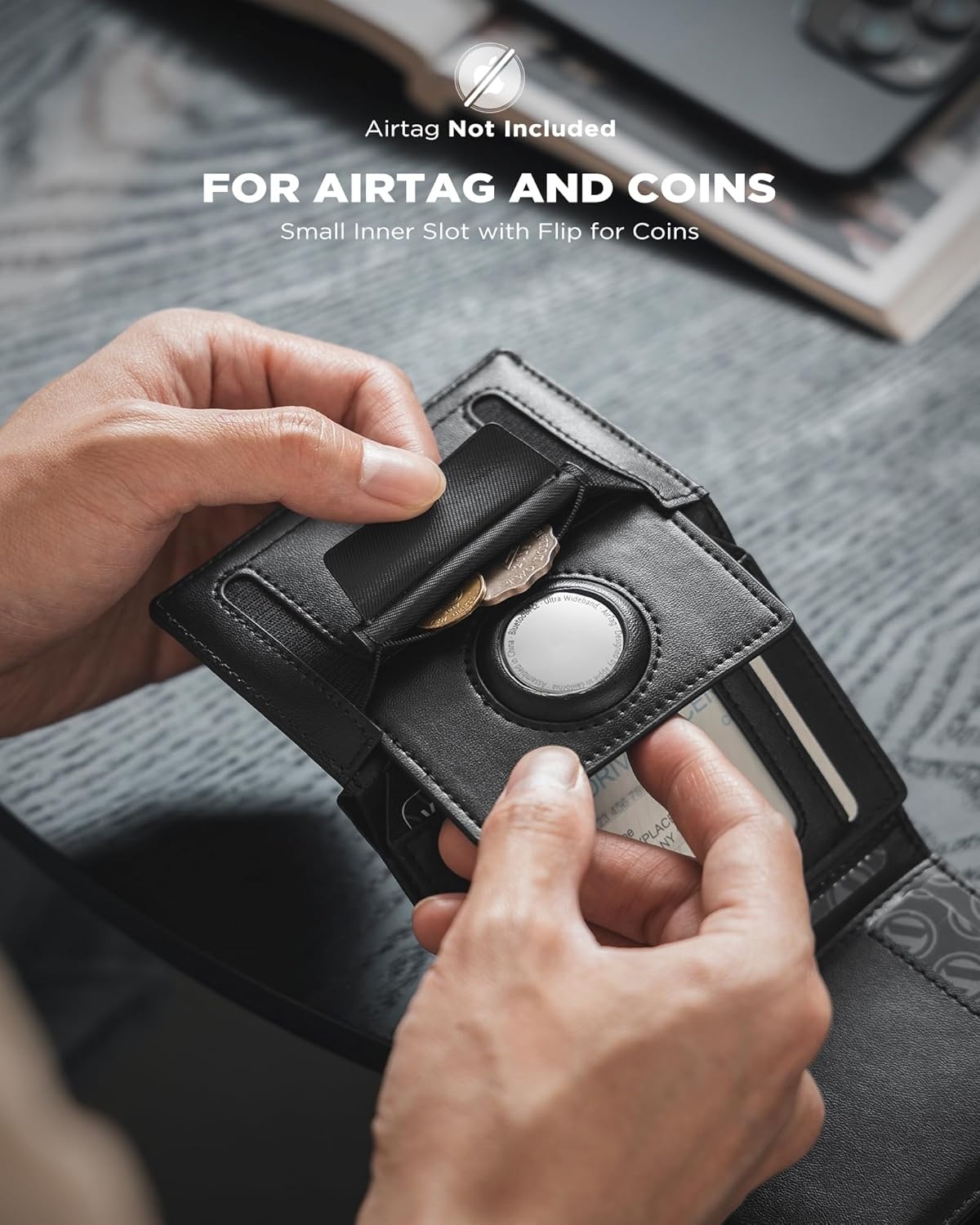 image:imageVULKIT Mens Leather Trifold Wallet RFID Blocking with Airtag Card Case Double ID Window Magnetic Closure Giftbox Packed Coffee BrownBlack