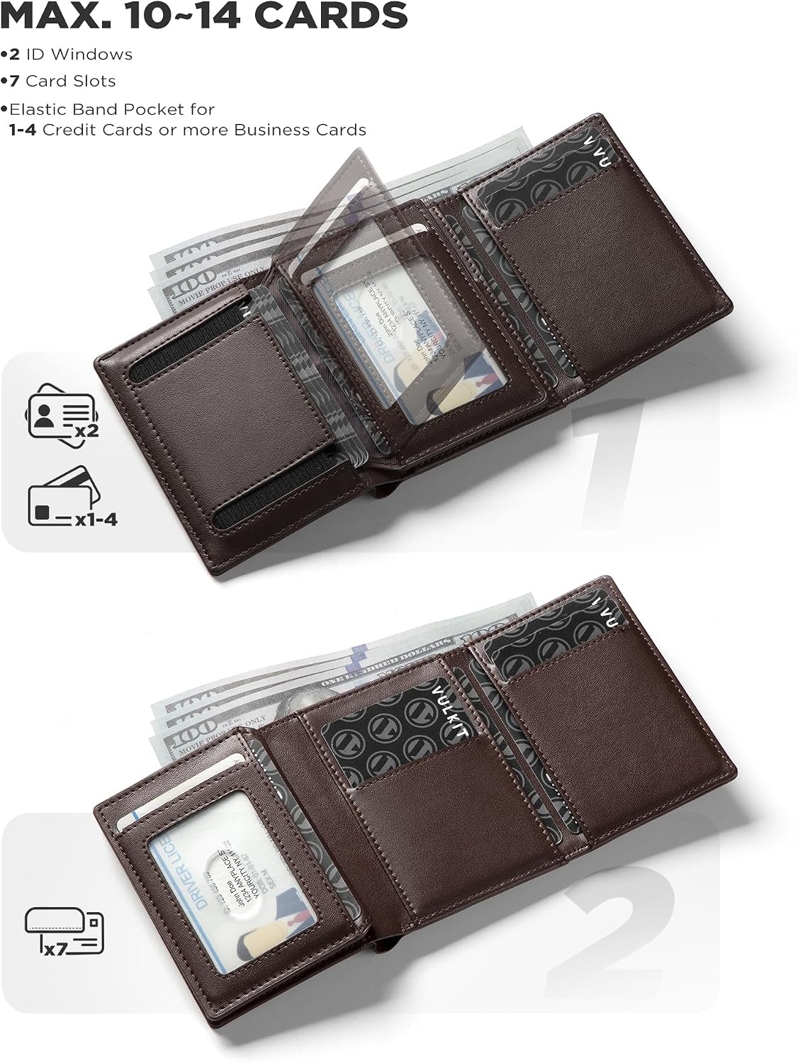 image:imageVULKIT Mens Leather Trifold Wallet RFID Blocking with Airtag Card Case Double ID Window Magnetic Closure Giftbox Packed Coffee BrownCoffee Brown