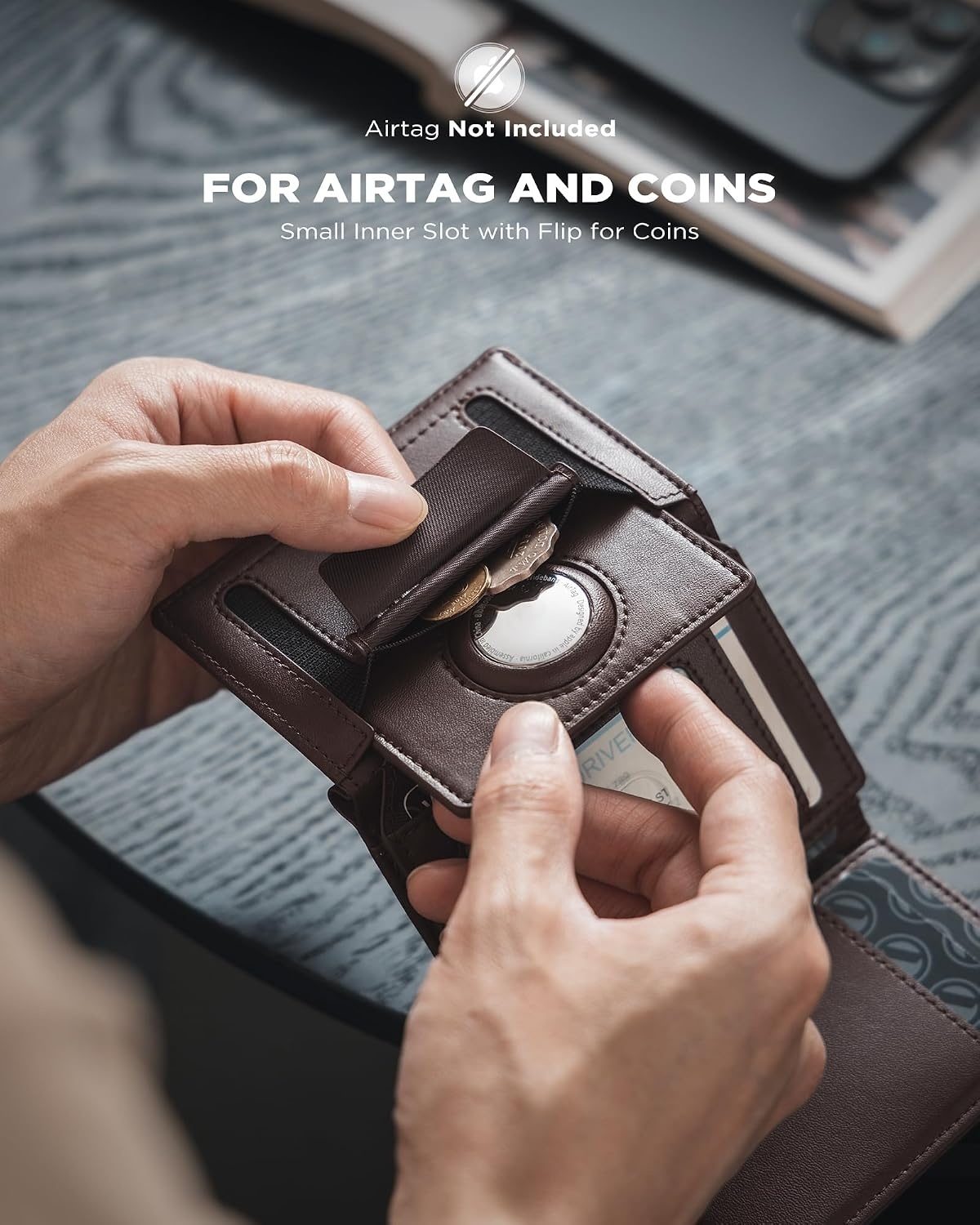 image:imageVULKIT Mens Leather Trifold Wallet RFID Blocking with Airtag Card Case Double ID Window Magnetic Closure Giftbox Packed Coffee BrownCoffee Brown
