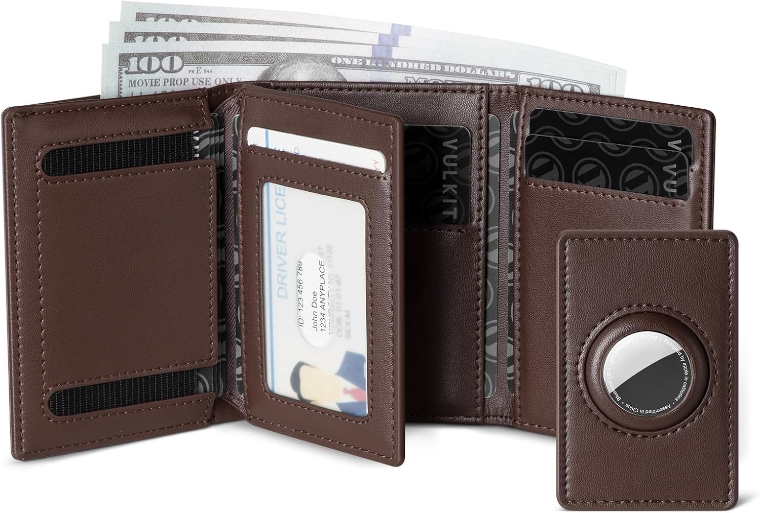image:imageVULKIT Mens Leather Trifold Wallet RFID Blocking with Airtag Card Case Double ID Window Magnetic Closure Giftbox Packed Coffee BrownCoffee Brown