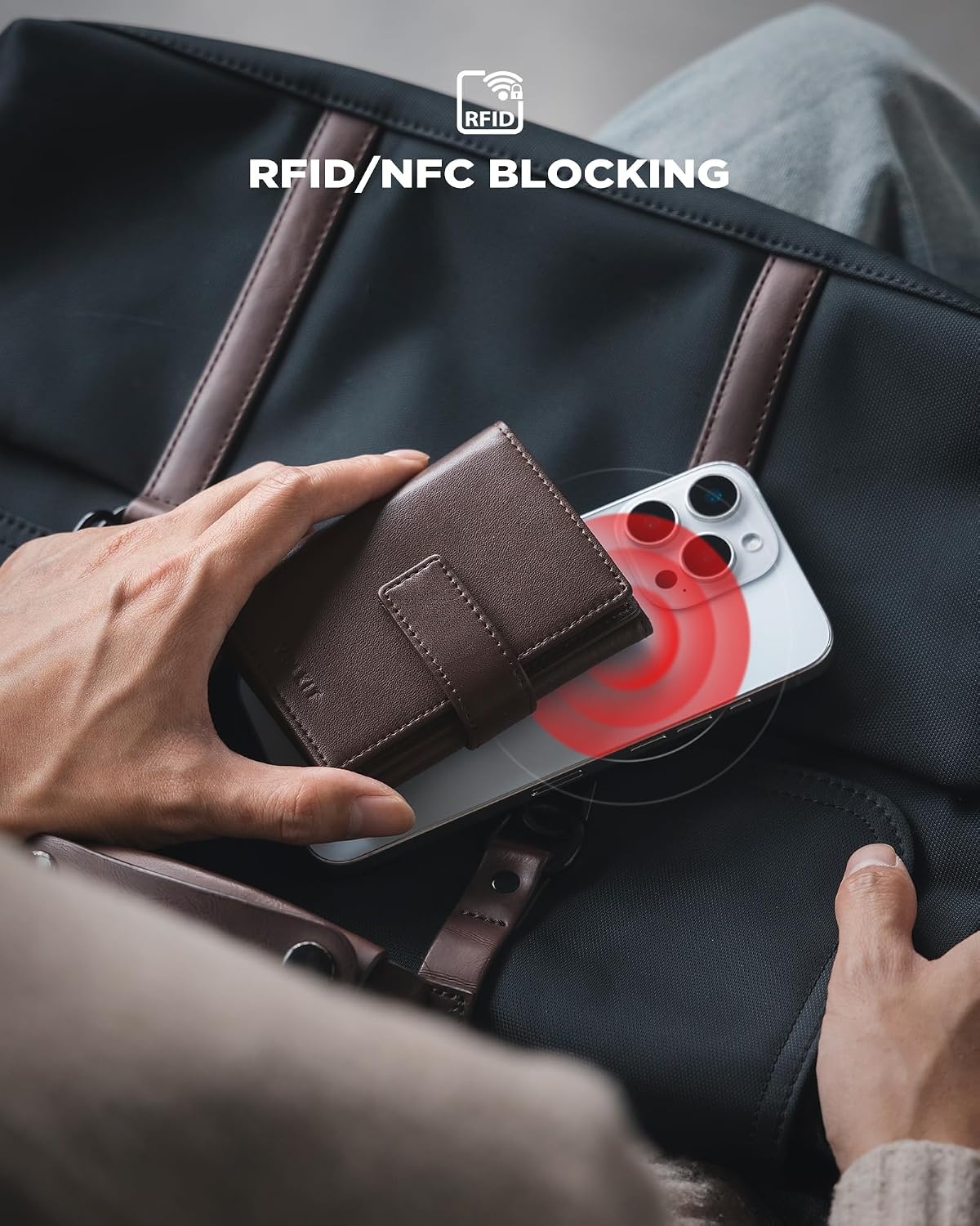 image:imageVULKIT Mens Leather Trifold Wallet RFID Blocking with Airtag Card Case Double ID Window Magnetic Closure Giftbox Packed Coffee BrownCoffee Brown