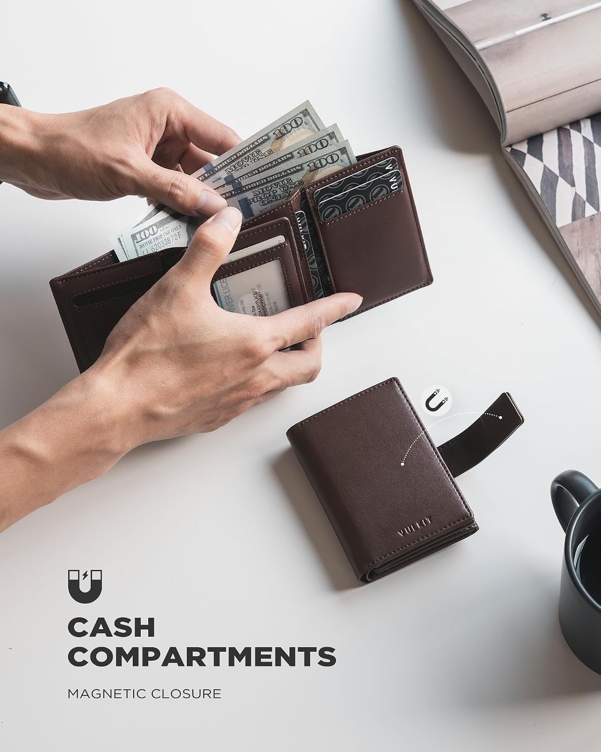 image:imageVULKIT Mens Leather Trifold Wallet RFID Blocking with Airtag Card Case Double ID Window Magnetic Closure Giftbox Packed Coffee BrownCoffee Brown
