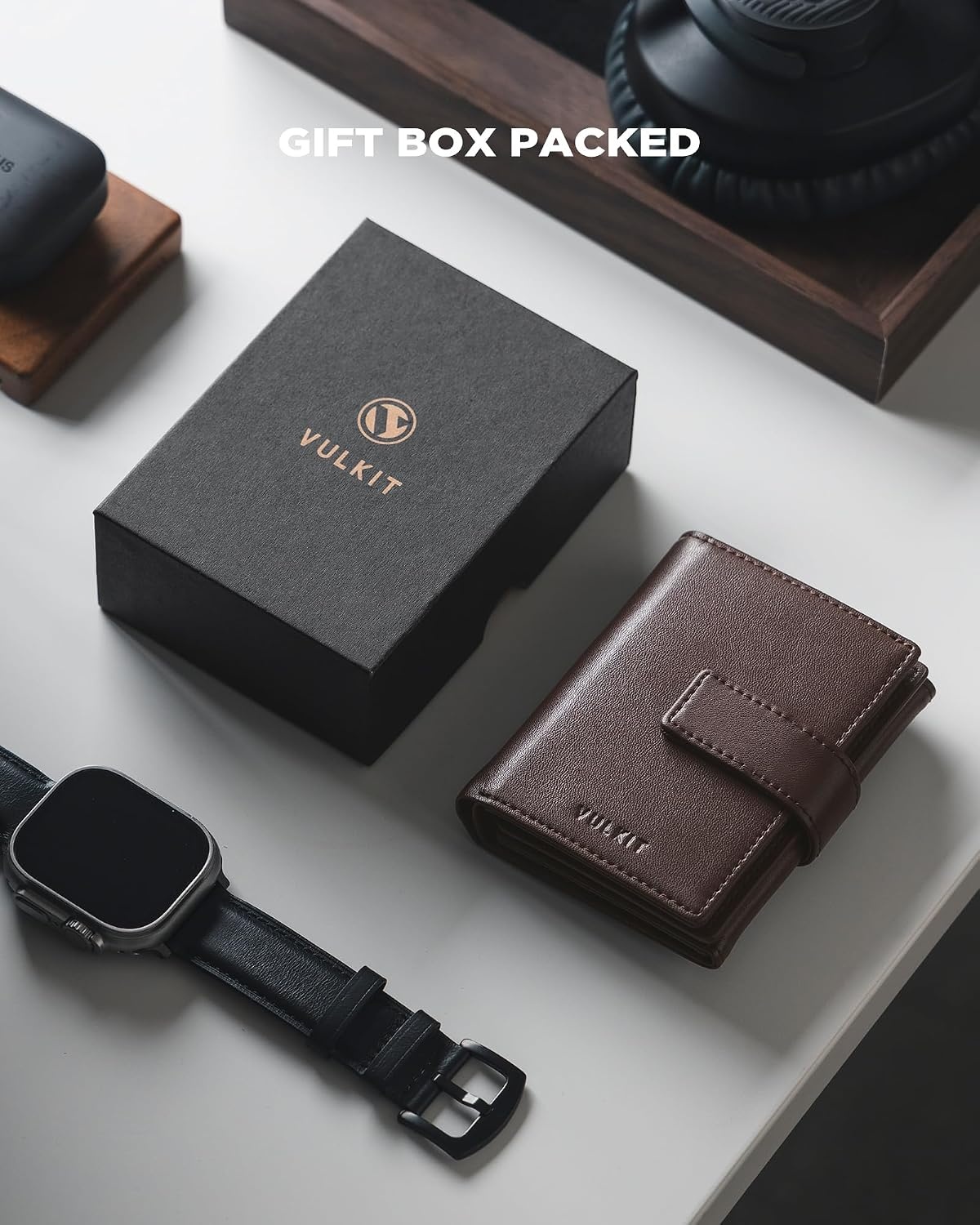 image:imageVULKIT Mens Leather Trifold Wallet RFID Blocking with Airtag Card Case Double ID Window Magnetic Closure Giftbox Packed Coffee BrownCoffee Brown