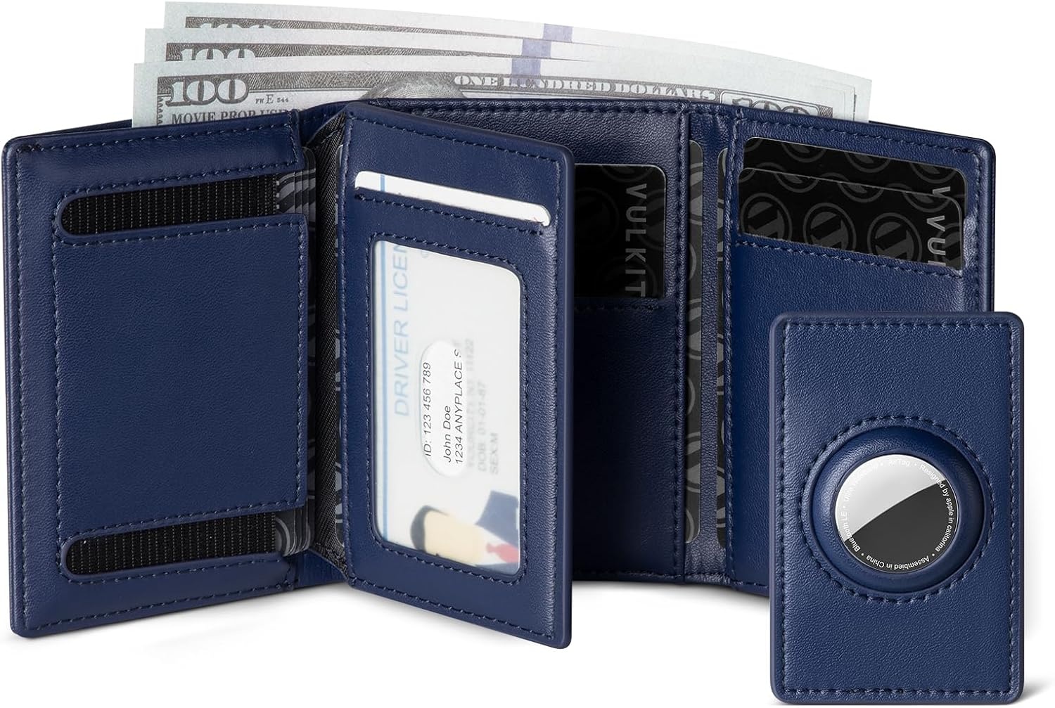 image:imageVULKIT Mens Leather Trifold Wallet RFID Blocking with Airtag Card Case Double ID Window Magnetic Closure Giftbox Packed Coffee BrownDark Blue