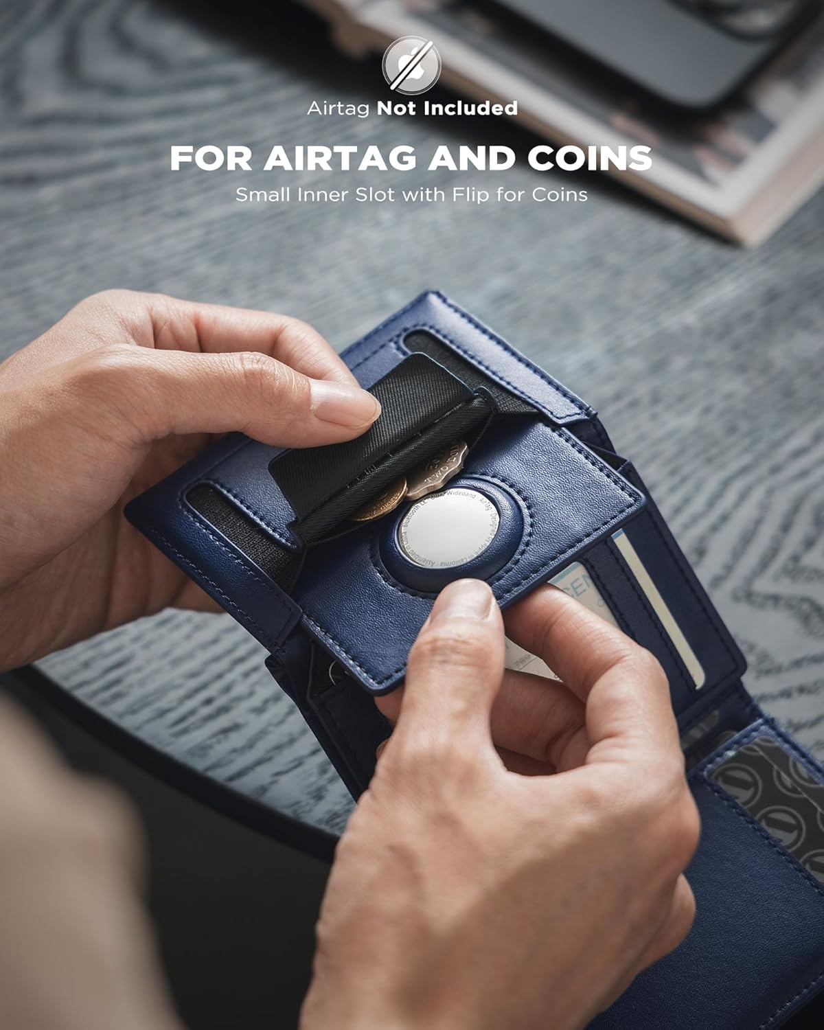 image:imageVULKIT Mens Leather Trifold Wallet RFID Blocking with Airtag Card Case Double ID Window Magnetic Closure Giftbox Packed Coffee BrownDark Blue