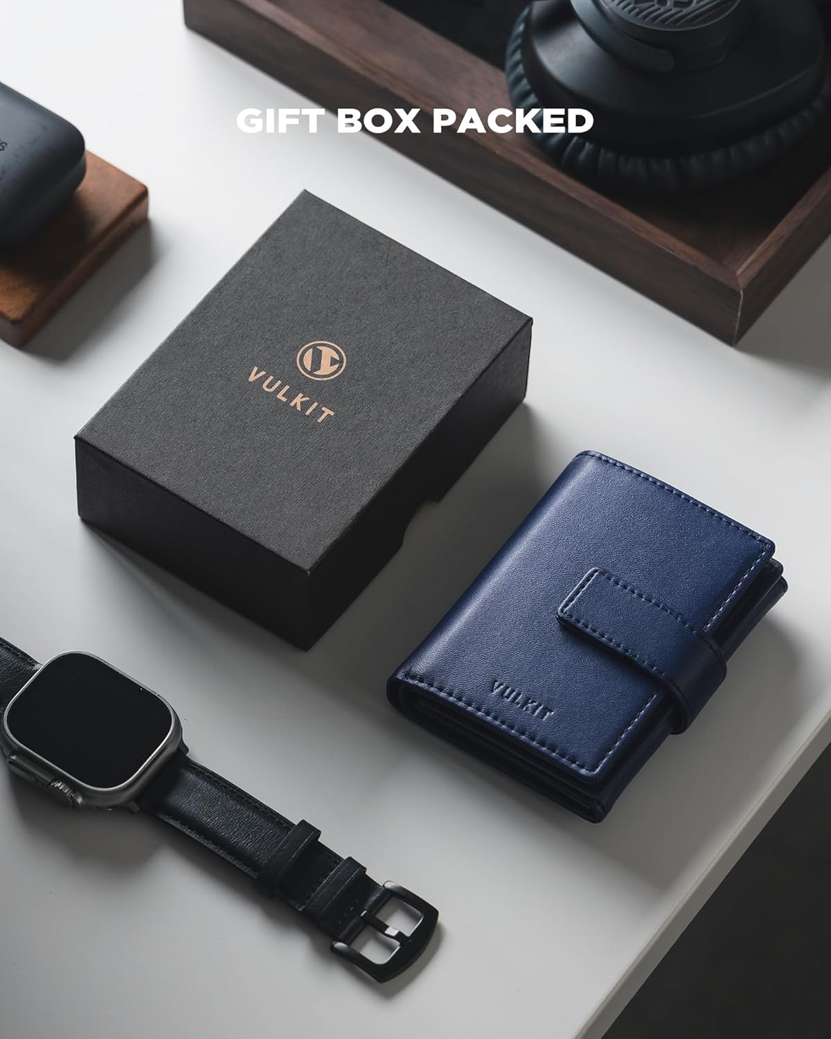 image:imageVULKIT Mens Leather Trifold Wallet RFID Blocking with Airtag Card Case Double ID Window Magnetic Closure Giftbox Packed Coffee BrownDark Blue