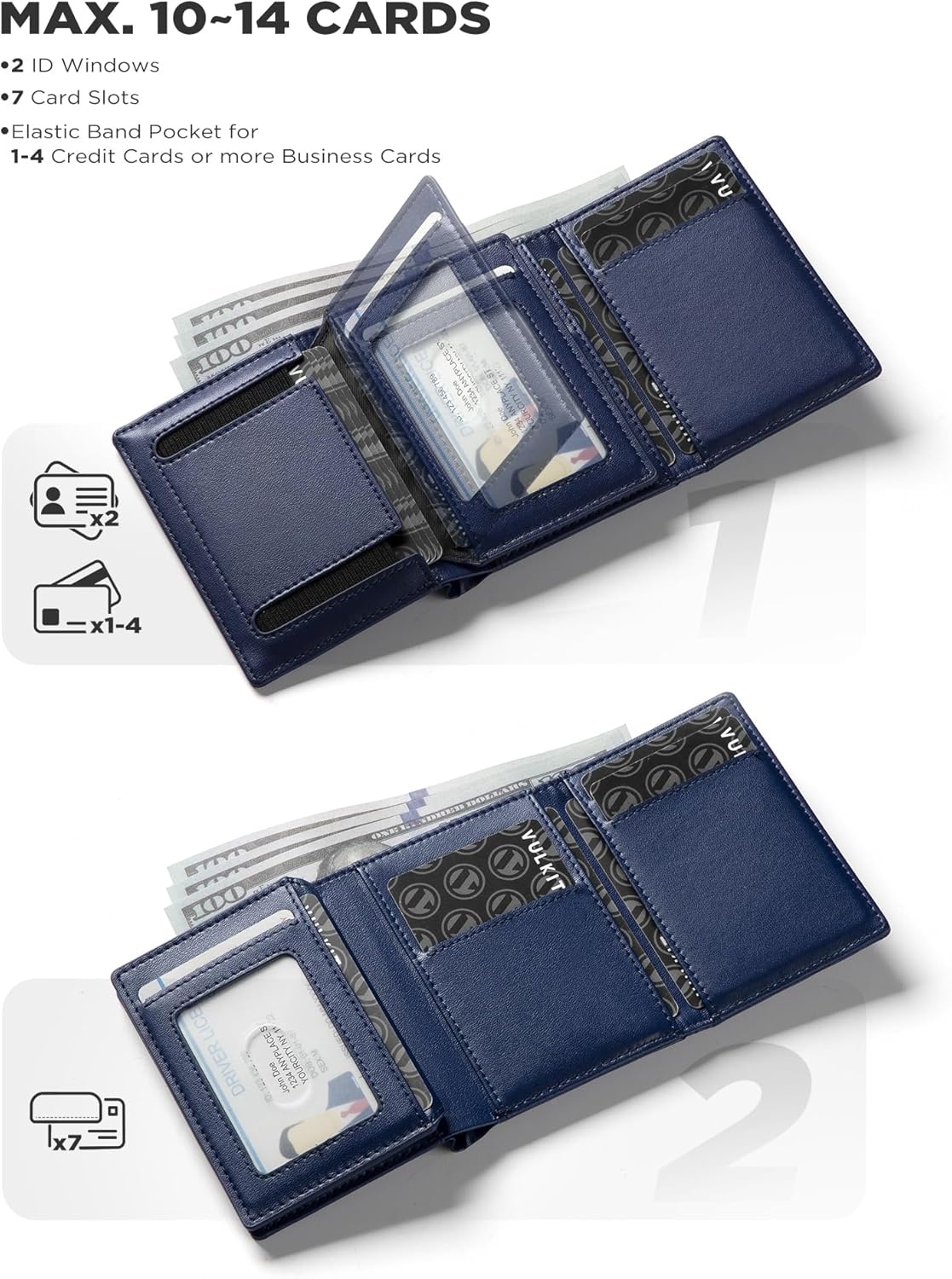 image:imageVULKIT Mens Leather Trifold Wallet RFID Blocking with Airtag Card Case Double ID Window Magnetic Closure Giftbox Packed Coffee BrownDark Blue