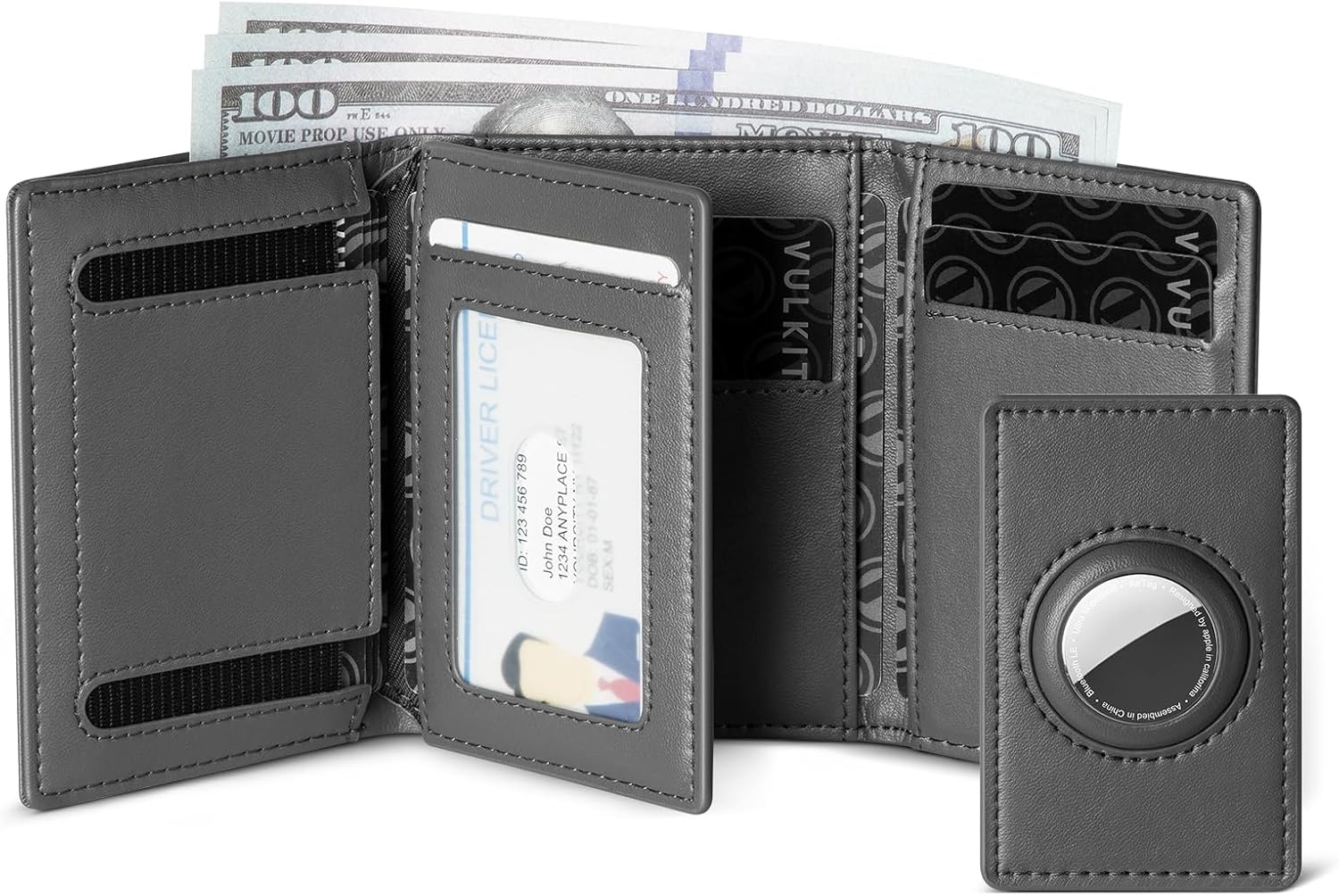 image:imageVULKIT Mens Leather Trifold Wallet RFID Blocking with Airtag Card Case Double ID Window Magnetic Closure Giftbox Packed Coffee BrownGrey