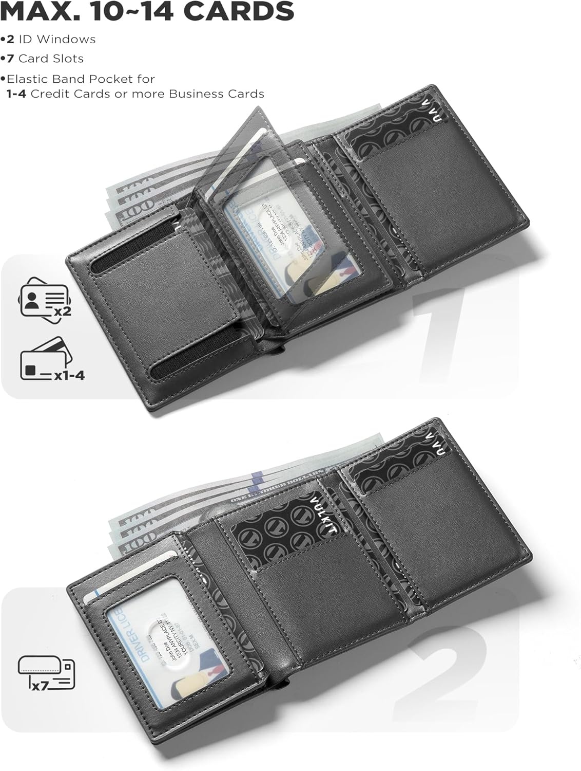 image:imageVULKIT Mens Leather Trifold Wallet RFID Blocking with Airtag Card Case Double ID Window Magnetic Closure Giftbox Packed Coffee BrownGrey