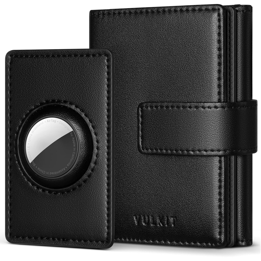 image:imageVULKIT Mens Leather Trifold Wallet RFID Blocking with Airtag Card Case Double ID Window Magnetic Closure Giftbox Packed Coffee BrownBlack