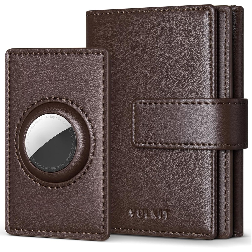 image:imageVULKIT Mens Leather Trifold Wallet RFID Blocking with Airtag Card Case Double ID Window Magnetic Closure Giftbox Packed Coffee BrownCoffee Brown