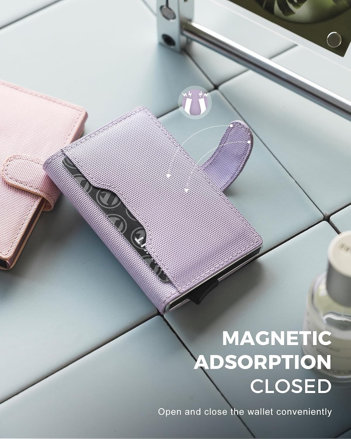 image:imageVULKIT Slim Bifold Pop up Wallet Minimalist Leather Card Holder RFID Blocking Metal Card Case with ID Window for Women with Leather SlotsLavender