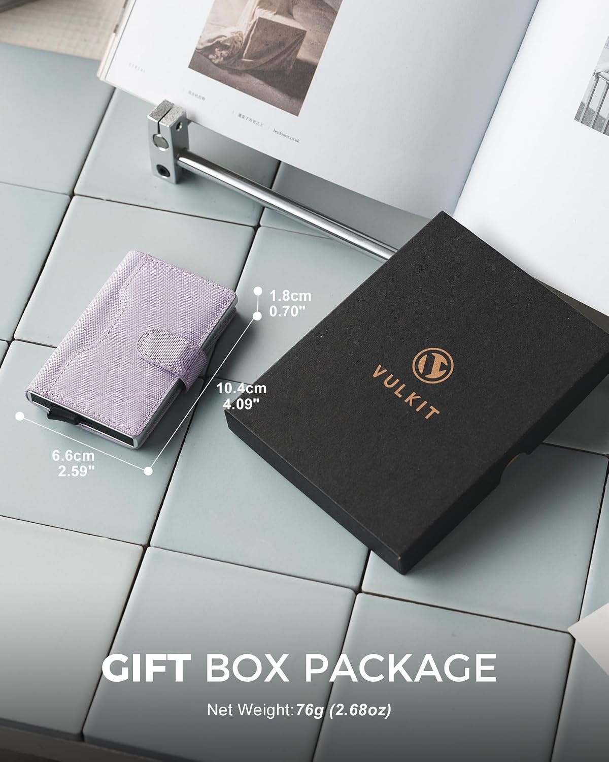 image:imageVULKIT Slim Bifold Pop up Wallet Minimalist Leather Card Holder RFID Blocking Metal Card Case with ID Window for Women with Leather SlotsLavender