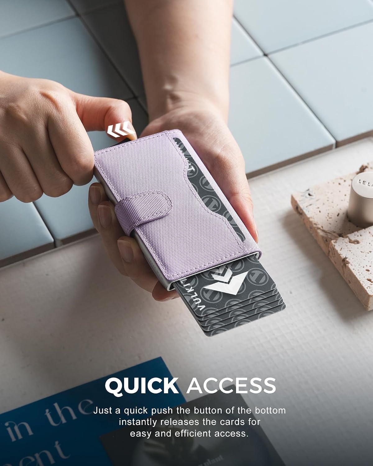 image:imageVULKIT Slim Bifold Pop up Wallet Minimalist Leather Card Holder RFID Blocking Metal Card Case with ID Window for Women with Leather SlotsLavender