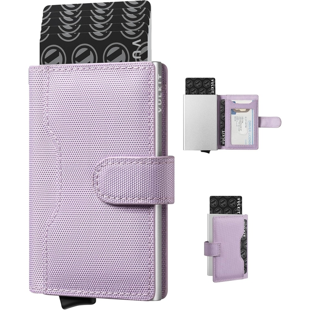 image:imageVULKIT Slim Bifold Pop up Wallet Minimalist Leather Card Holder RFID Blocking Metal Card Case with ID Window for Women with Leather SlotsLavender