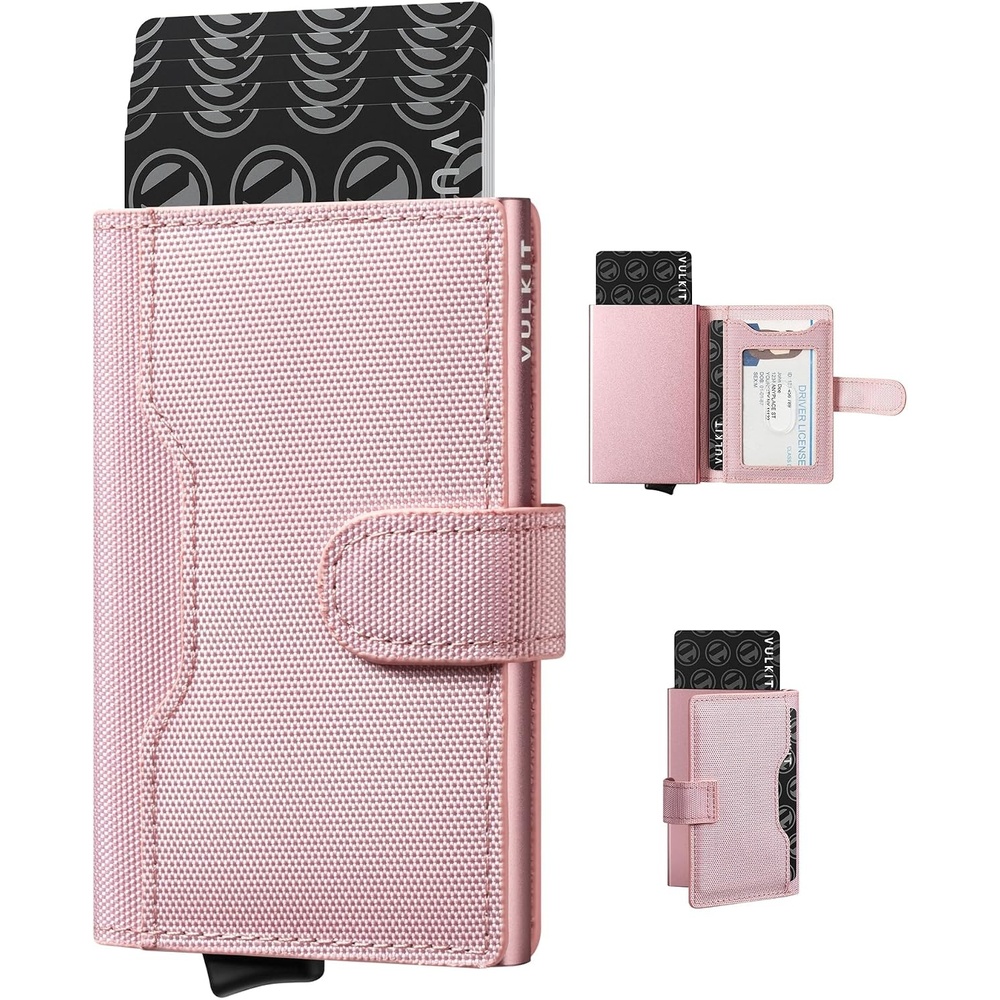 image:imageVULKIT Slim Bifold Pop up Wallet Minimalist Leather Card Holder RFID Blocking Metal Card Case with ID Window for Women with Leather SlotsSand Pink