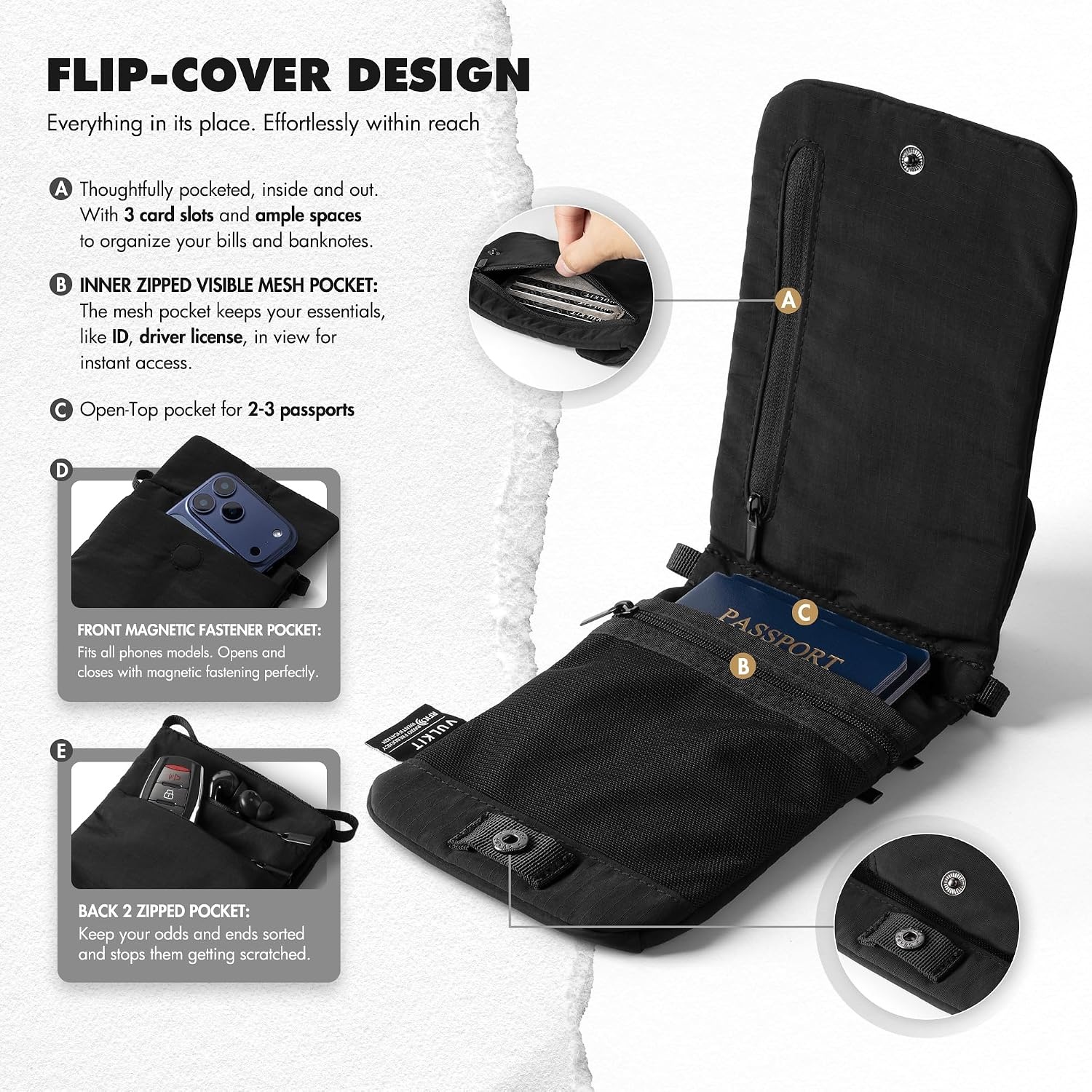 image:imageVULKIT City Pouch Crossbody Travel Bags RFID Blocking Travel Wallet Passport Pouch Neck Wallet Phone Bags for Men Women TeensBlack