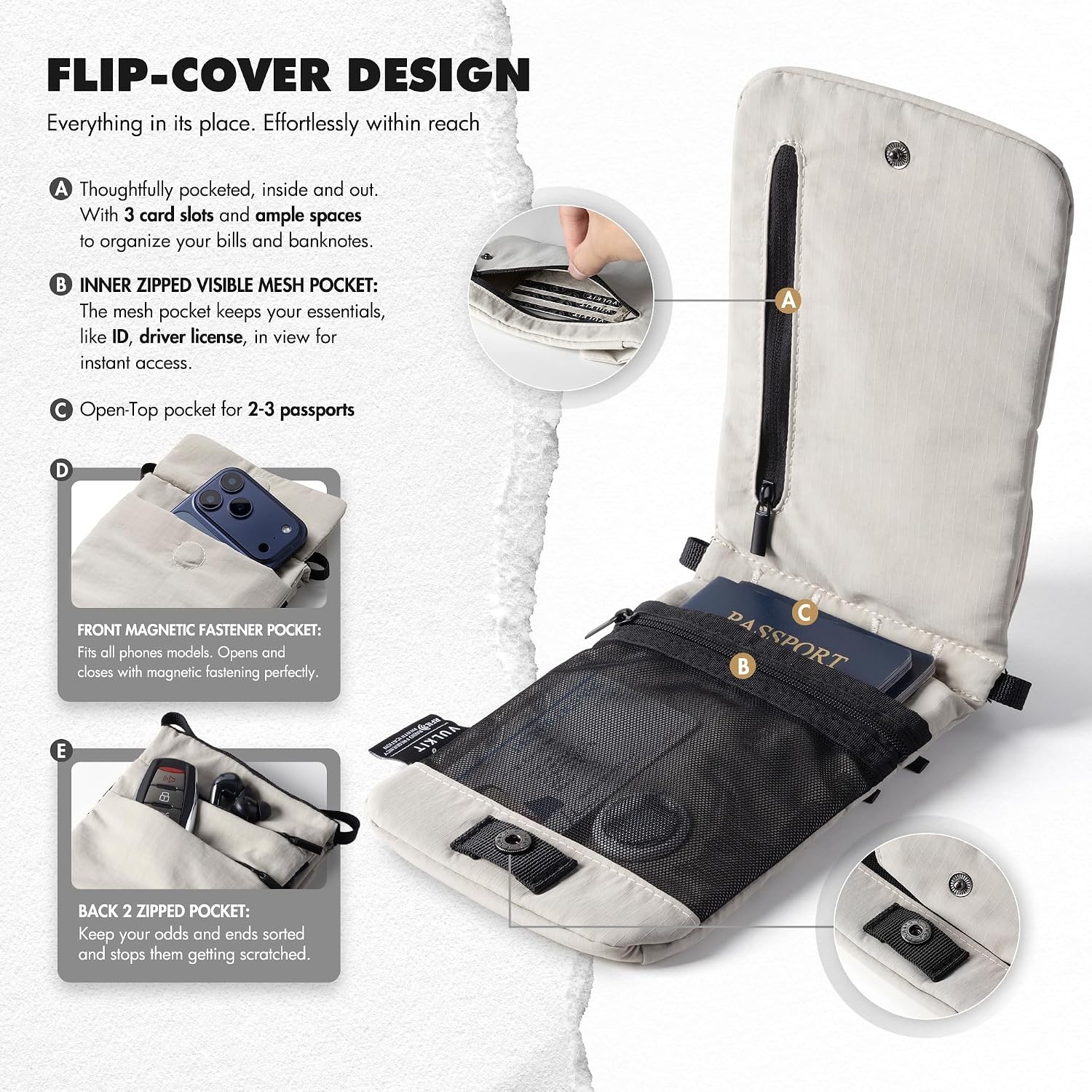 image:imageVULKIT City Pouch Crossbody Travel Bags RFID Blocking Travel Wallet Passport Pouch Neck Wallet Phone Bags for Men Women TeensGreige
