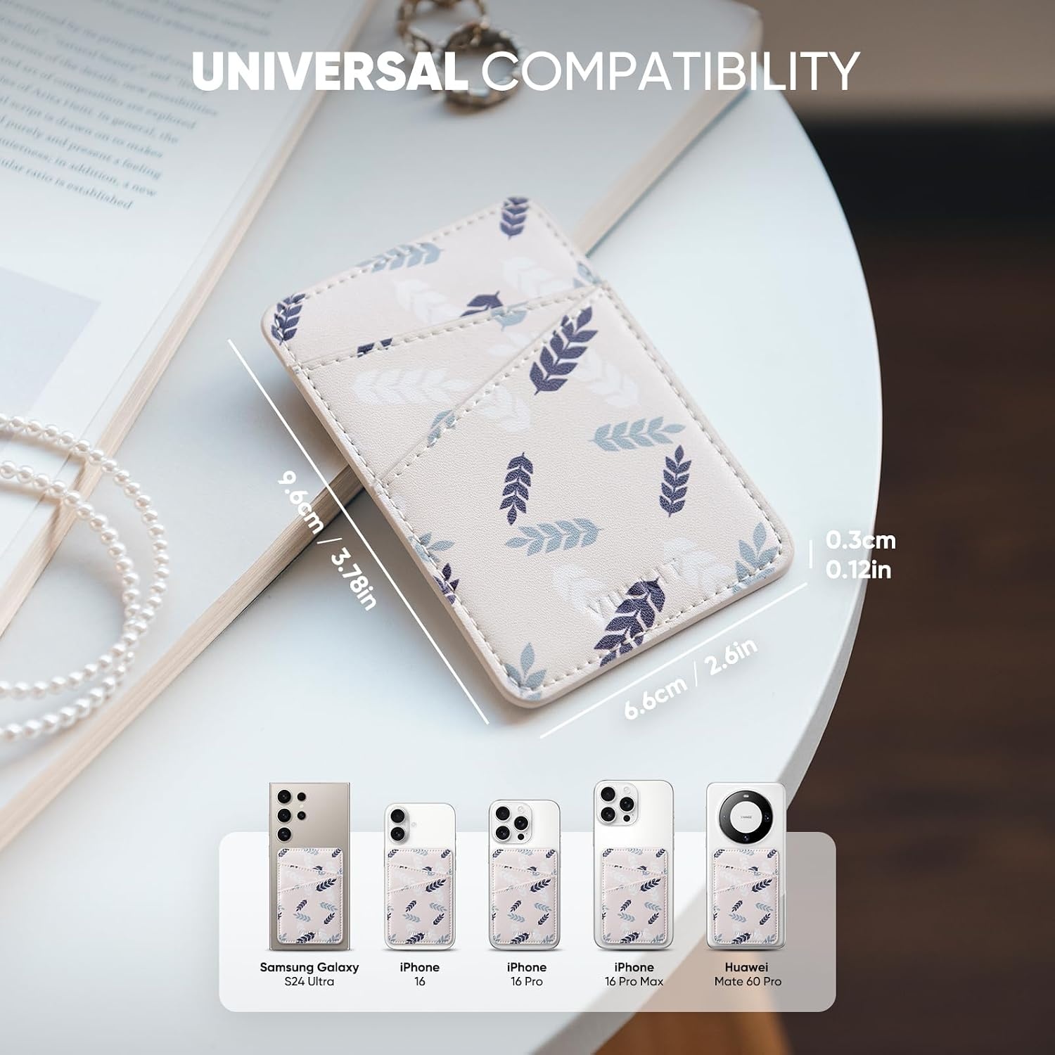 image:imageVULKIT Phone Card Holder Wallet Leather Adhesive Pocket RFID Blocking Credit Card Sleeves Stick Back of Phone SmartphonesLeaf White