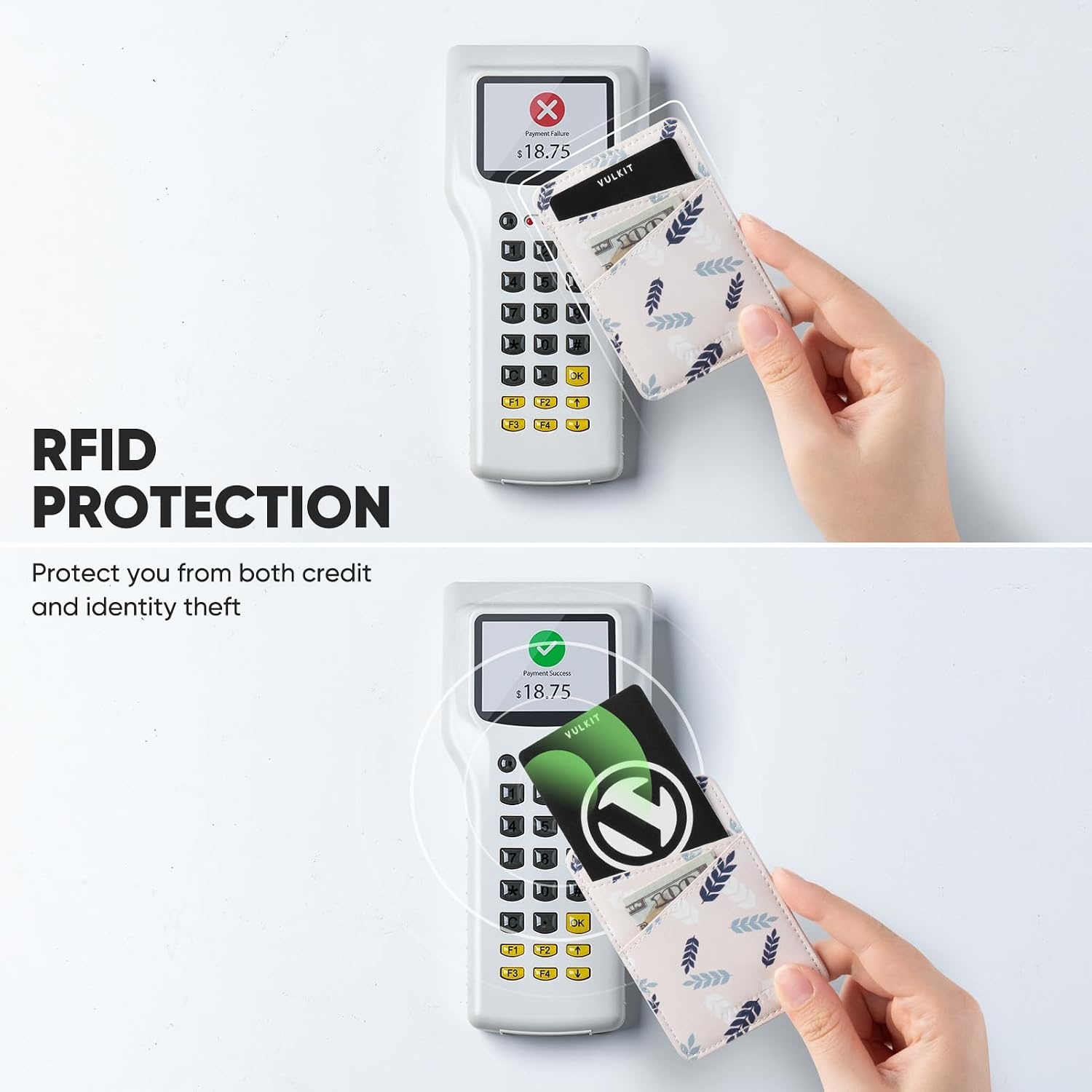 image:imageVULKIT Phone Card Holder Wallet Leather Adhesive Pocket RFID Blocking Credit Card Sleeves Stick Back of Phone SmartphonesLeaf White