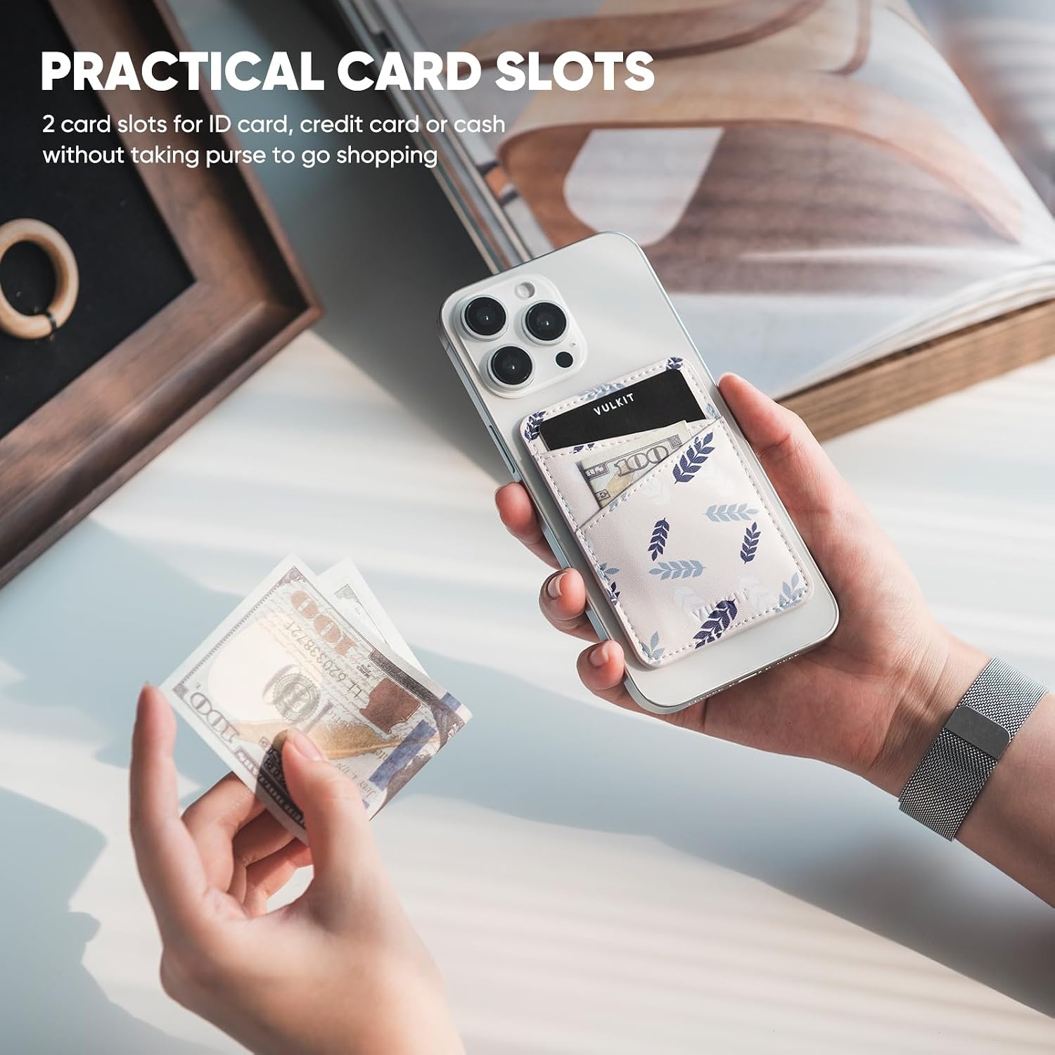 image:imageVULKIT Phone Card Holder Wallet Leather Adhesive Pocket RFID Blocking Credit Card Sleeves Stick Back of Phone SmartphonesLeaf White