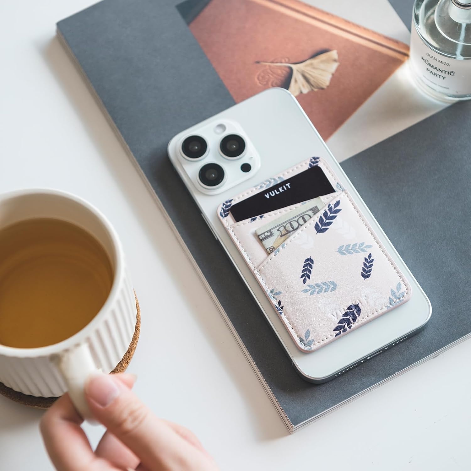 image:imageVULKIT Phone Card Holder Wallet Leather Adhesive Pocket RFID Blocking Credit Card Sleeves Stick Back of Phone SmartphonesLeaf White